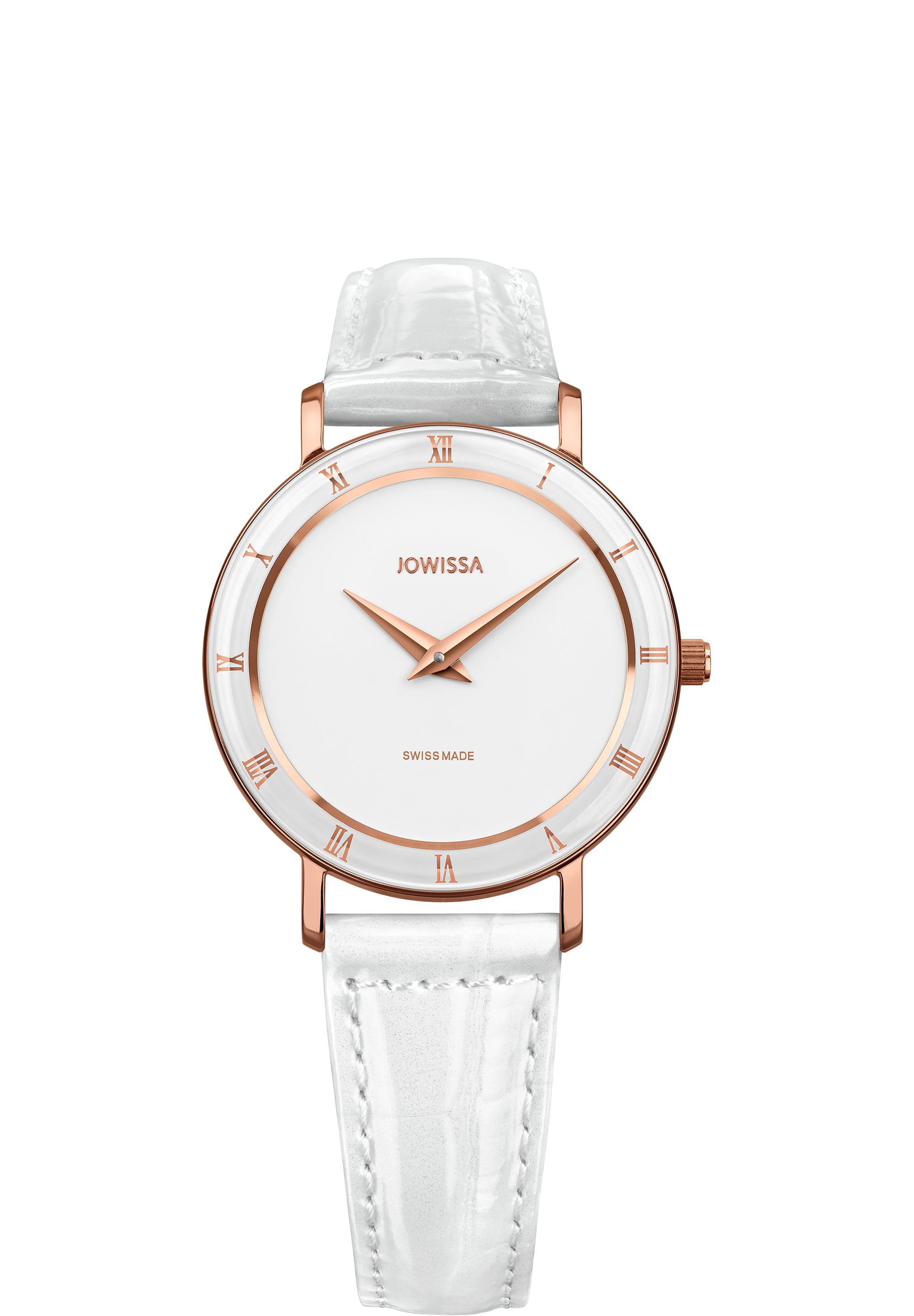 Roma Swiss Ladies Watch J2.310.M featuring a white dial, rose-gold hour hands, and a glossy white leather strap.