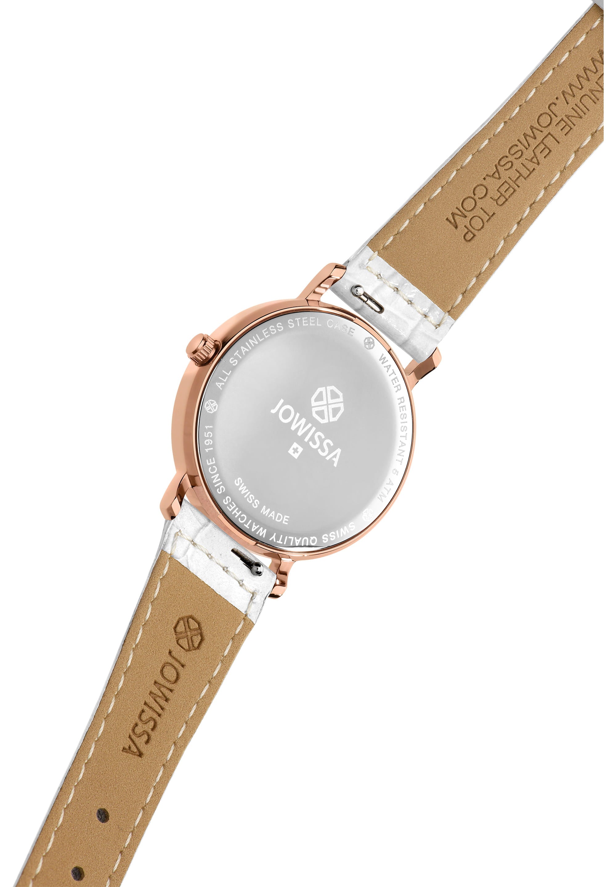 Roma Swiss Ladies Watch J2.310.M featuring a white dial, rose-gold hour hands, and a glossy white leather strap.