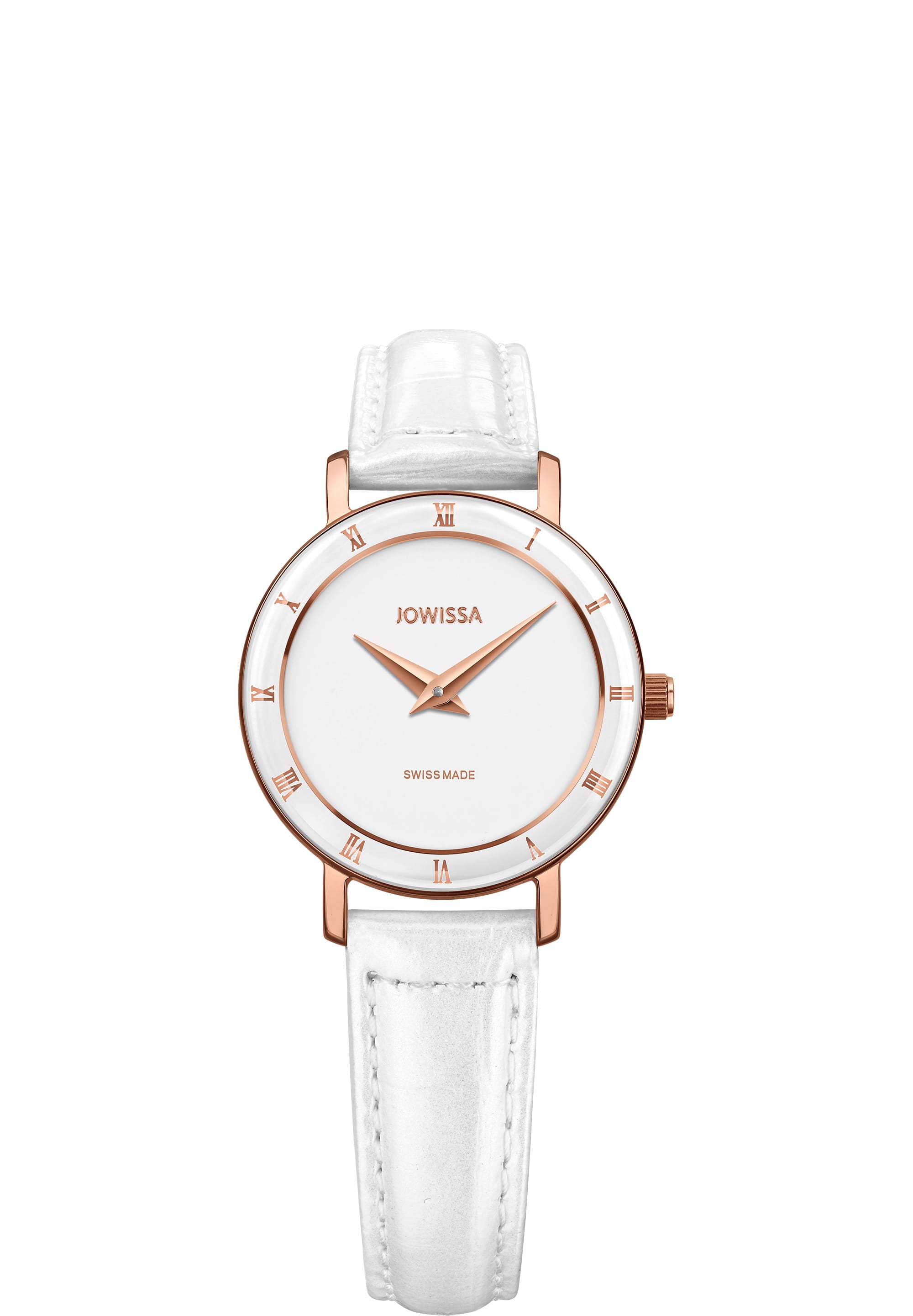 Roma Swiss Ladies Watch J2.310.S featuring a white dial, rose-gold hour hands, and a glossy white leather strap.