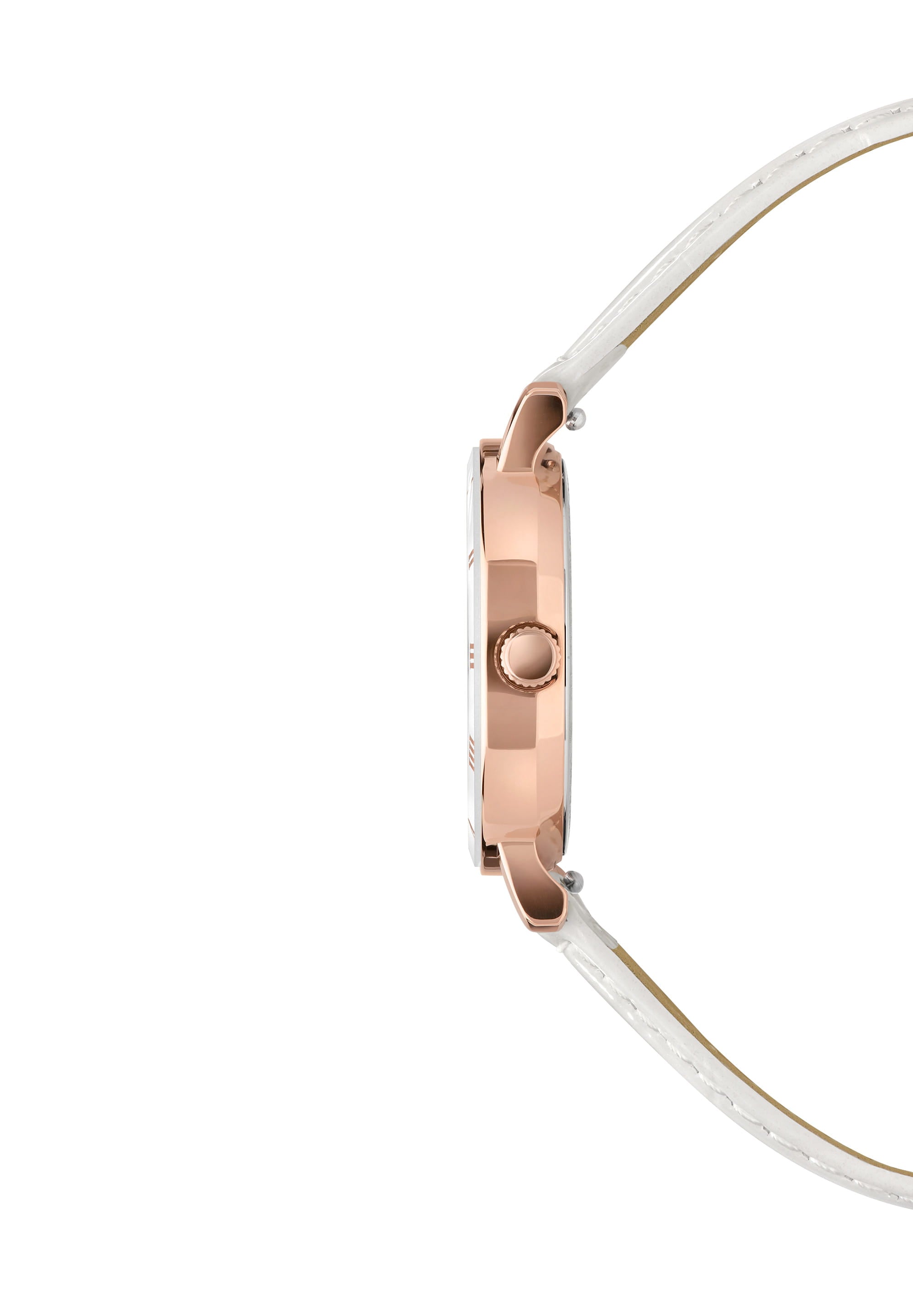 Roma Swiss Ladies Watch J2.310.S featuring a white dial, rose-gold hour hands, and a glossy white leather strap.