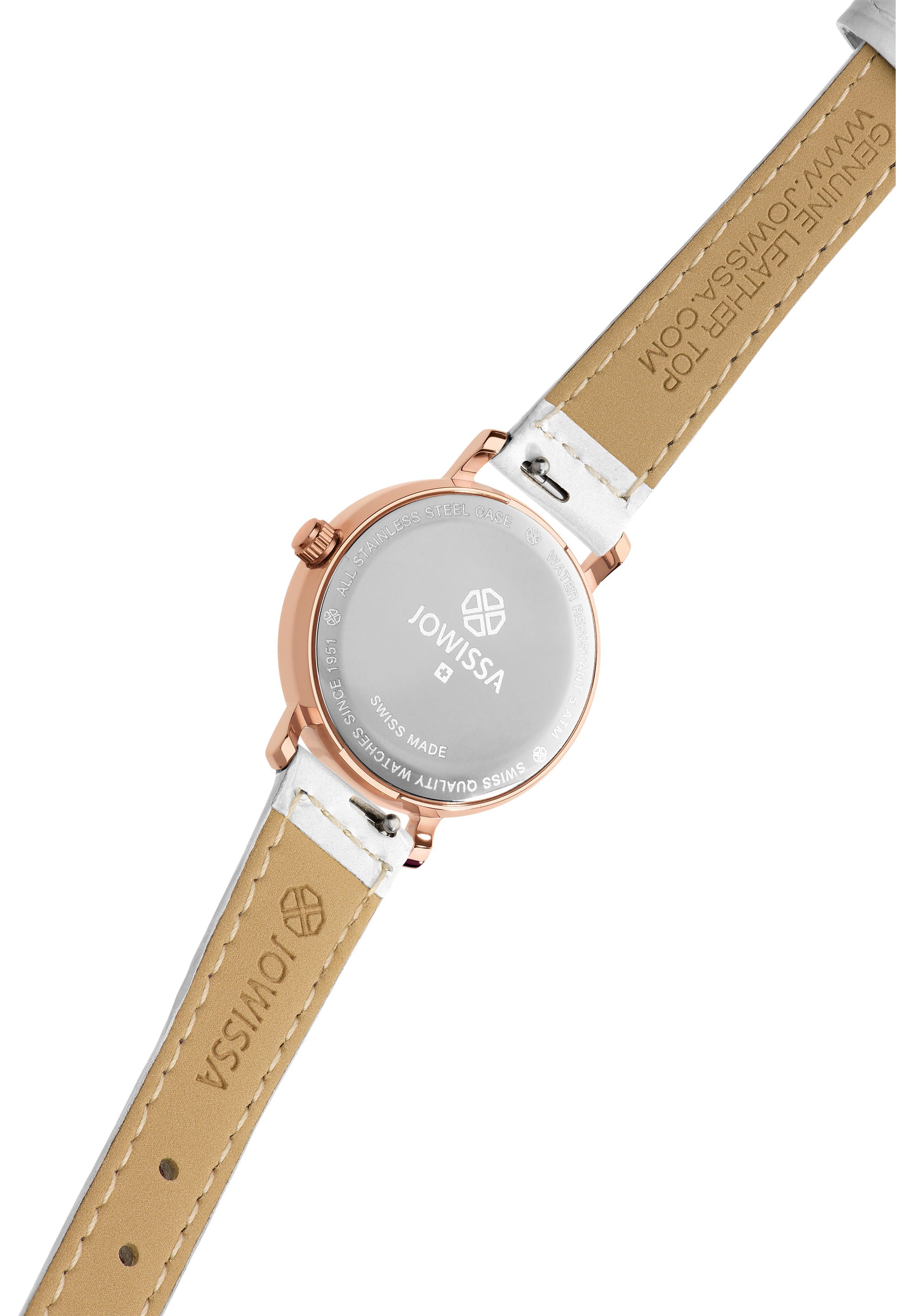 Roma Swiss Ladies Watch J2.310.S featuring a white dial, rose-gold hour hands, and a glossy white leather strap.