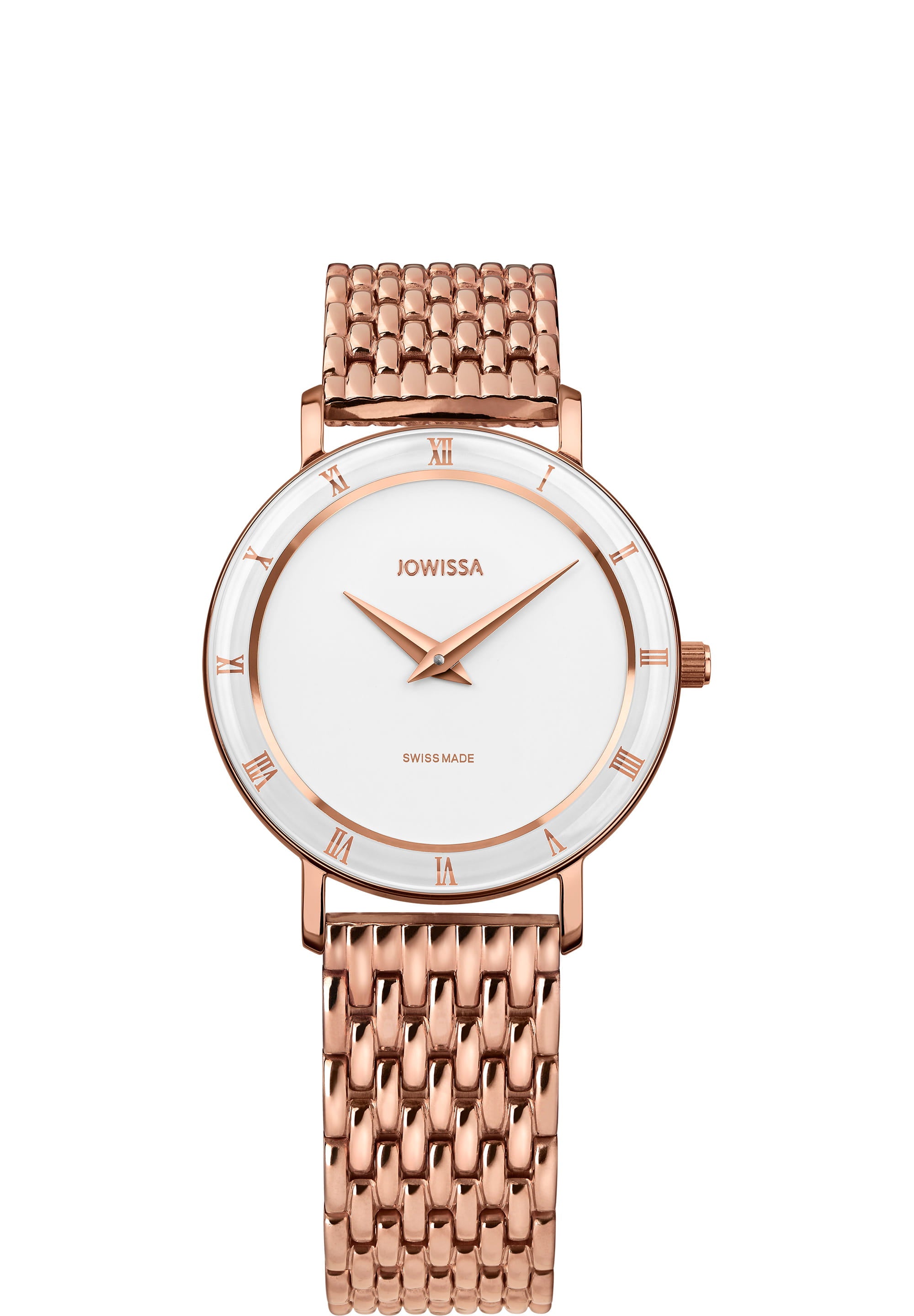 Roma Swiss Ladies Watch J2.312.M featuring a white dial with rose-golden Roman numerals and a gold-plated stainless steel bracelet.