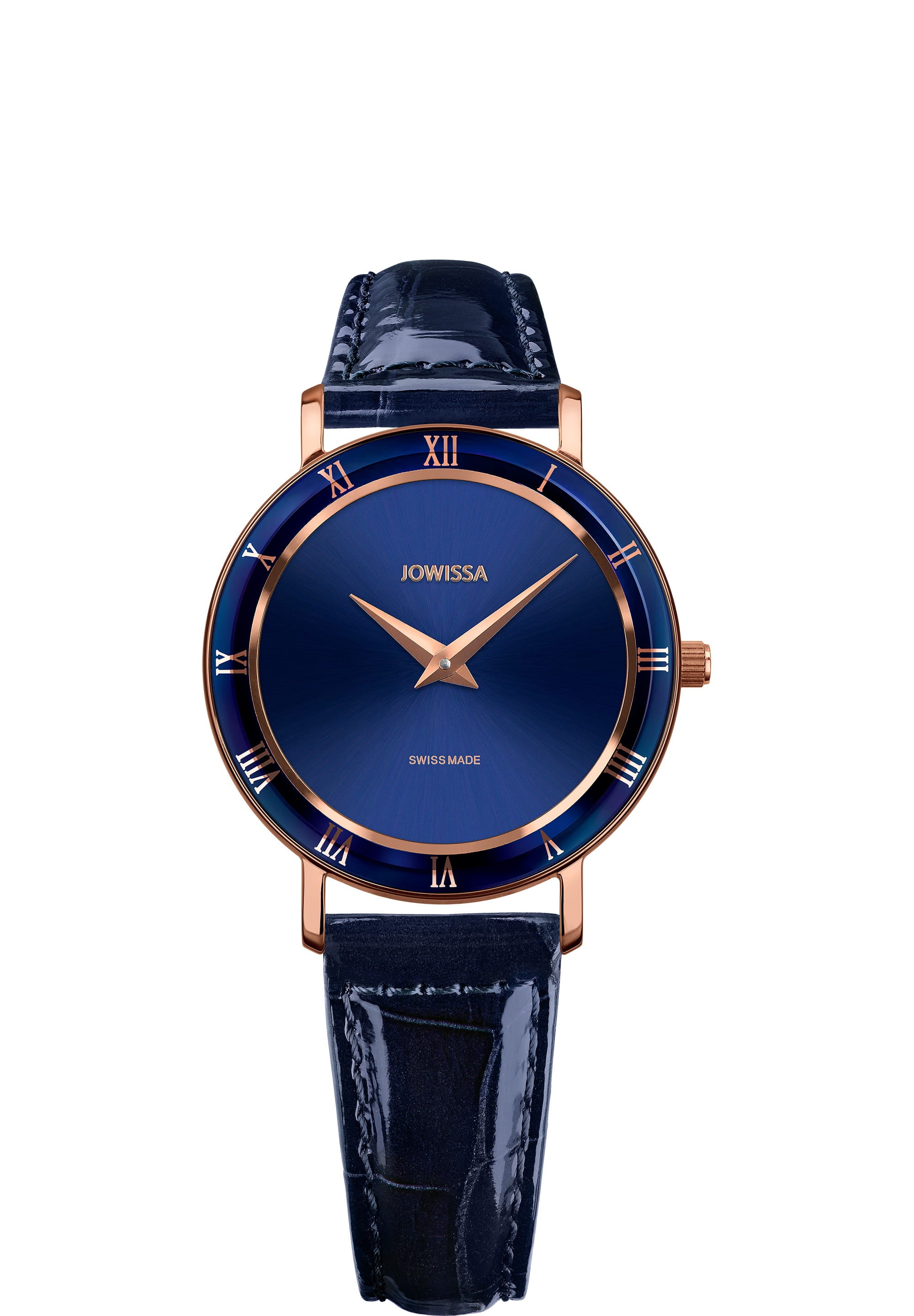 Roma Swiss Ladies Watch J2.313.M featuring a navy blue dial, gold accents, and a glossy alligator-embossed leather strap.