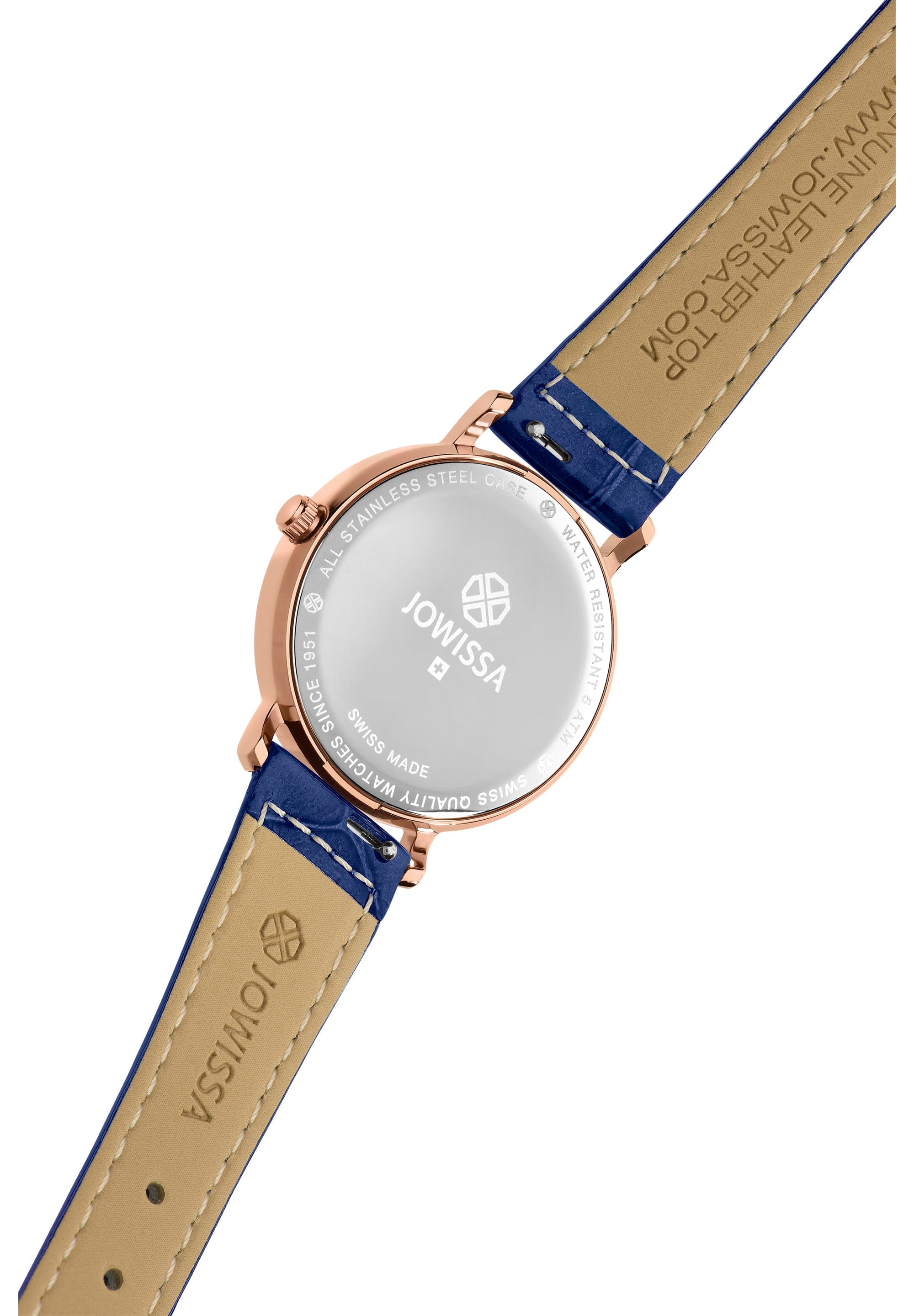 Roma Swiss Ladies Watch J2.313.M featuring a navy blue dial, gold accents, and a glossy alligator-embossed leather strap.