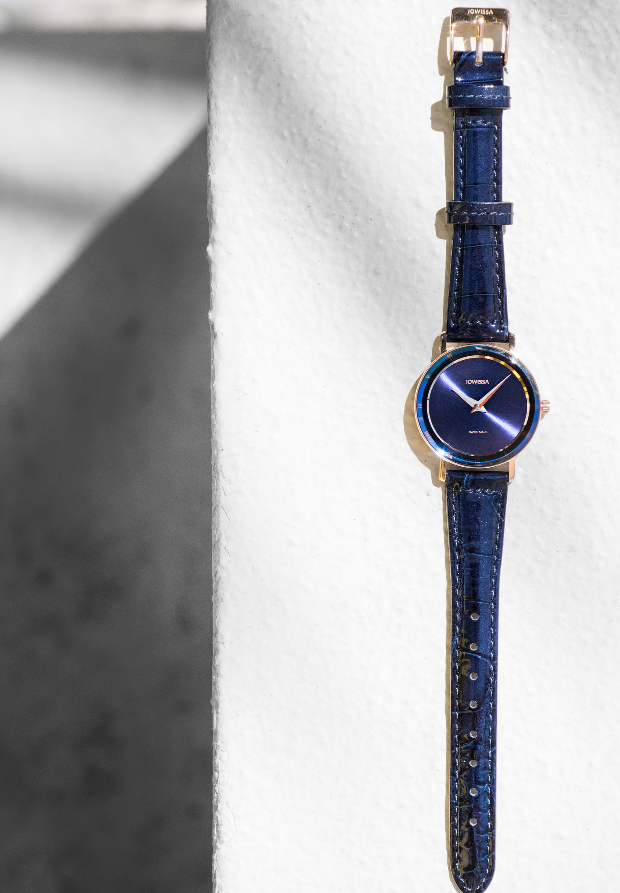 Roma Swiss Ladies Watch J2.313.M featuring a navy blue dial, gold accents, and a glossy alligator-embossed leather strap.