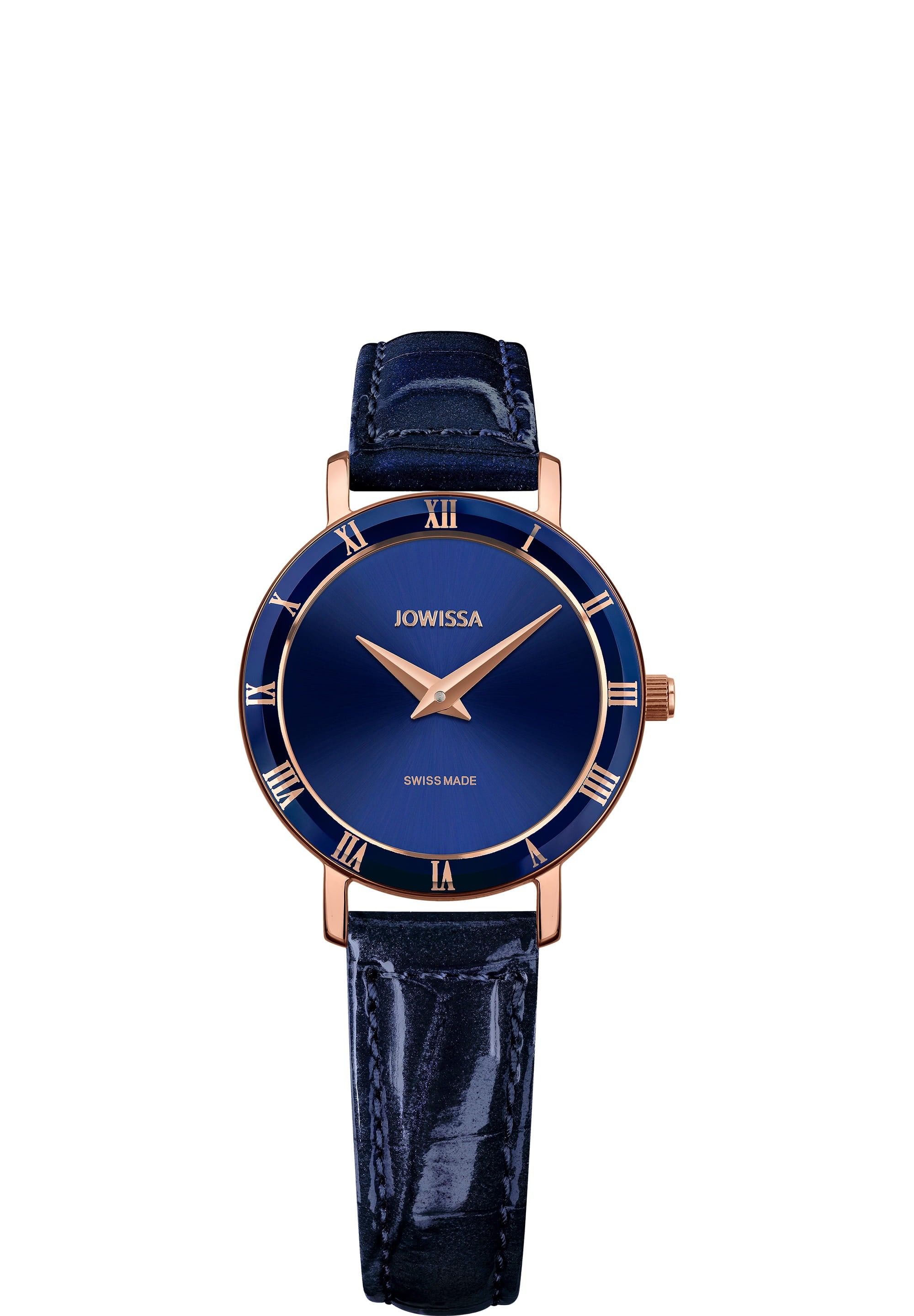 Roma Swiss Ladies Watch J2.313.S featuring a navy blue dial, golden accents, and a glossy alligator-embossed leather strap.