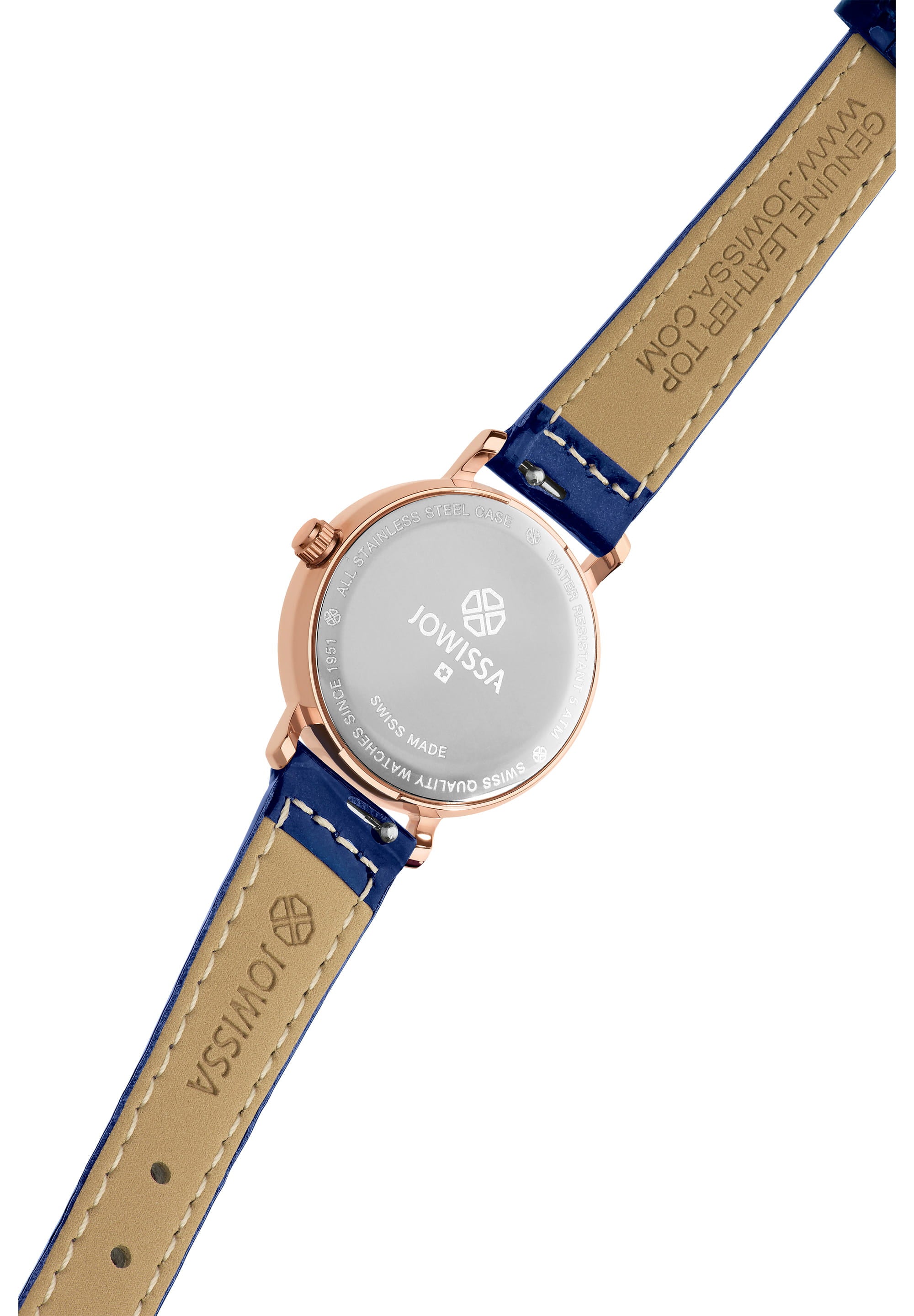 Roma Swiss Ladies Watch J2.313.S featuring a navy blue dial, golden accents, and a glossy alligator-embossed leather strap.