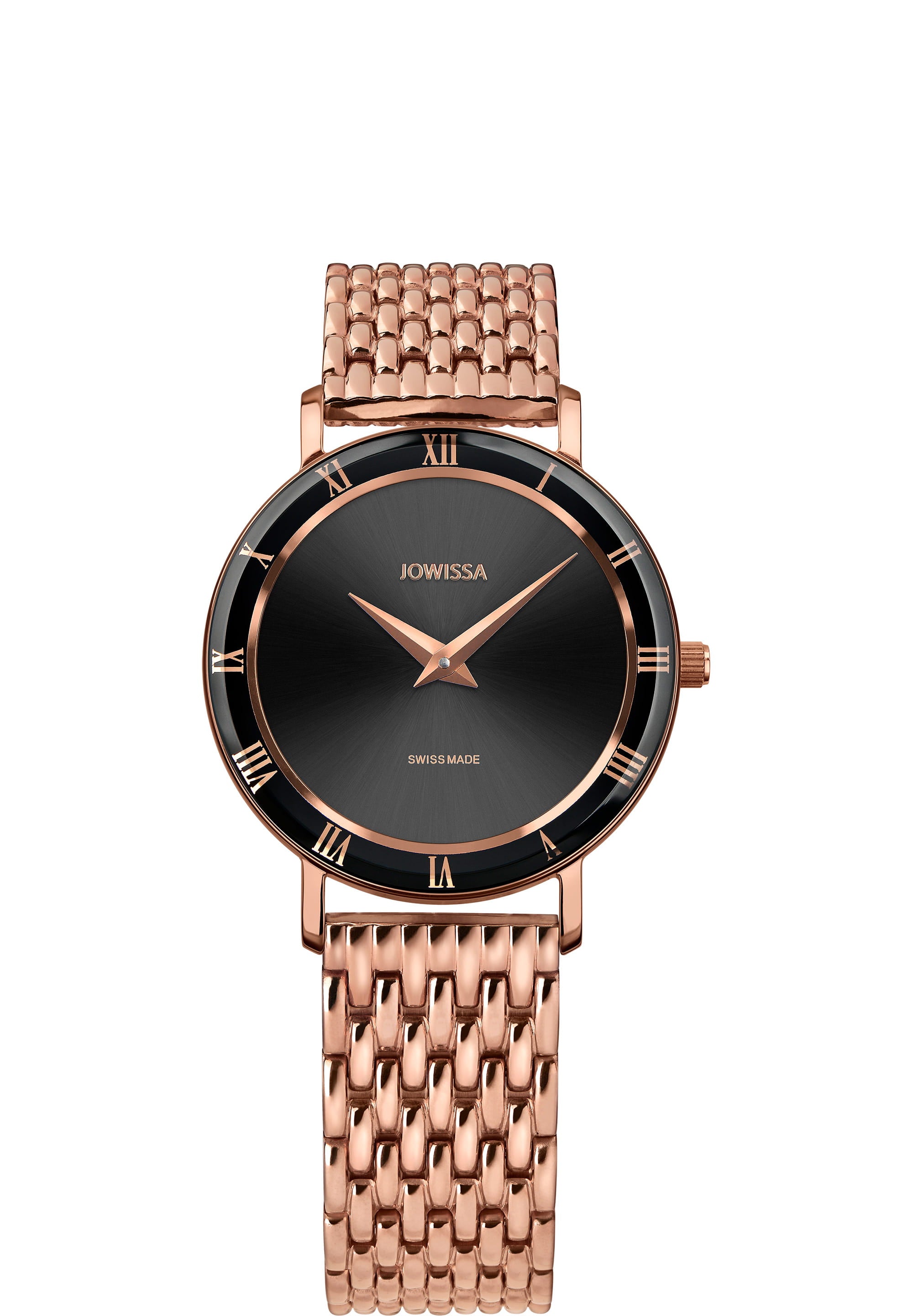 Roma Swiss Ladies Watch J2.311.M featuring a black dial, gold Roman numerals, and a luxurious golden mesh bracelet.