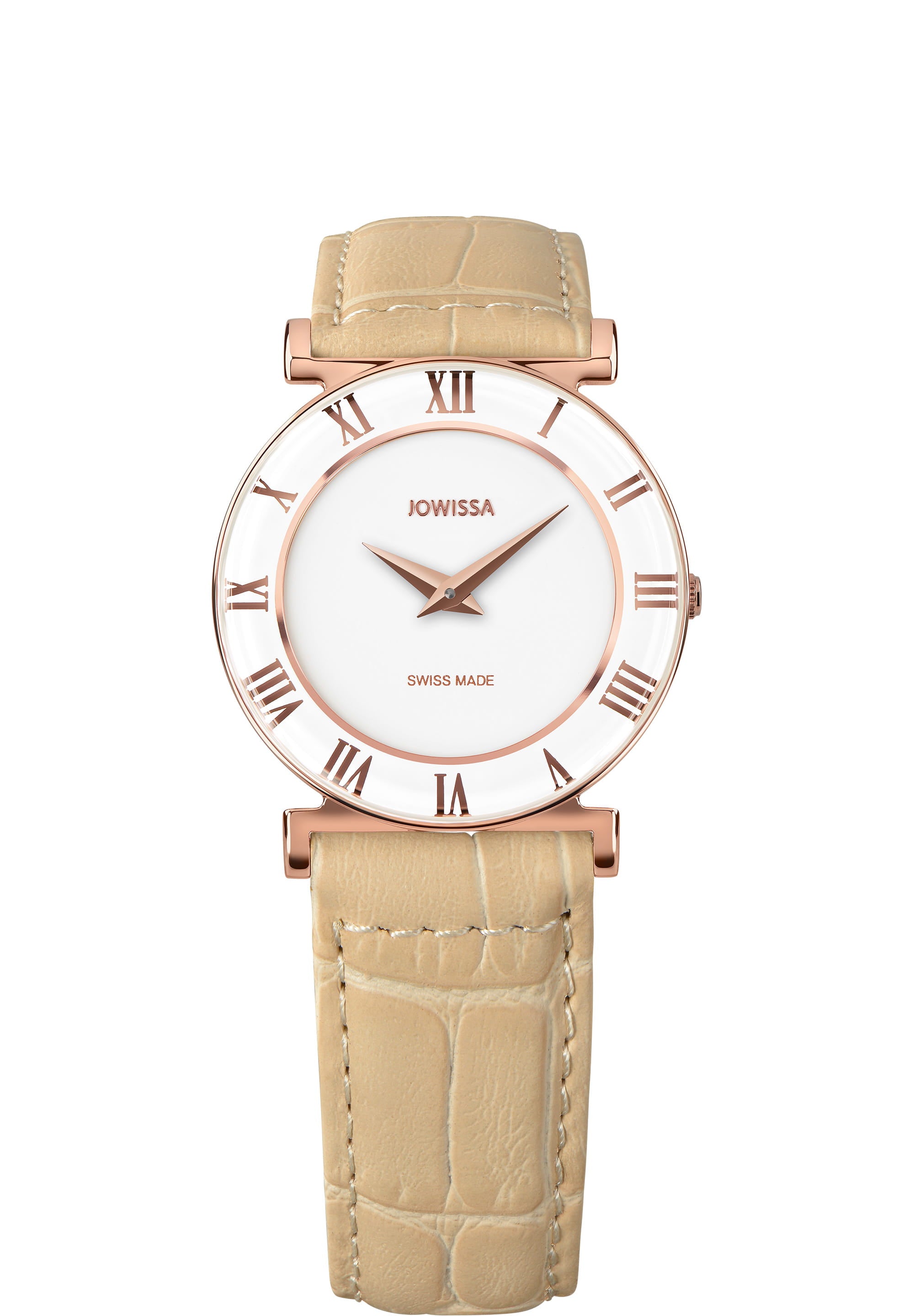 Roma Swiss Ladies Watch J2.259.M with stainless steel case and alligator-embossed leather strap, featuring an elegant enamelled dial.