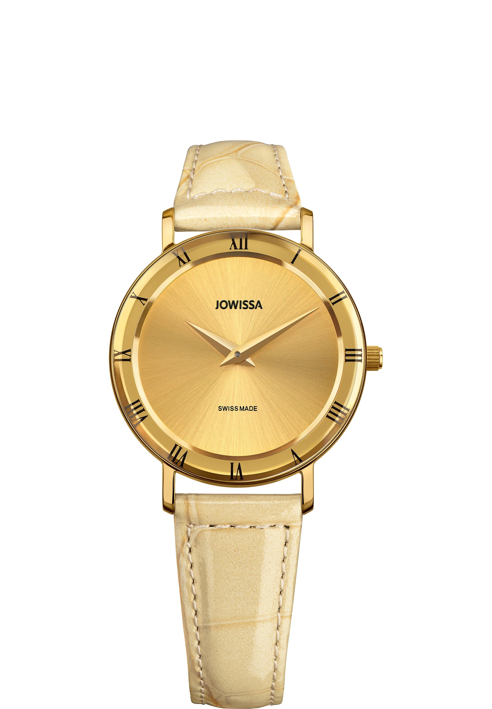 Roma Swiss Ladies Watch J2.269.M featuring a gold dial, Roman numerals, and a yellow-golden leather strap, showcasing elegant minimalist design.