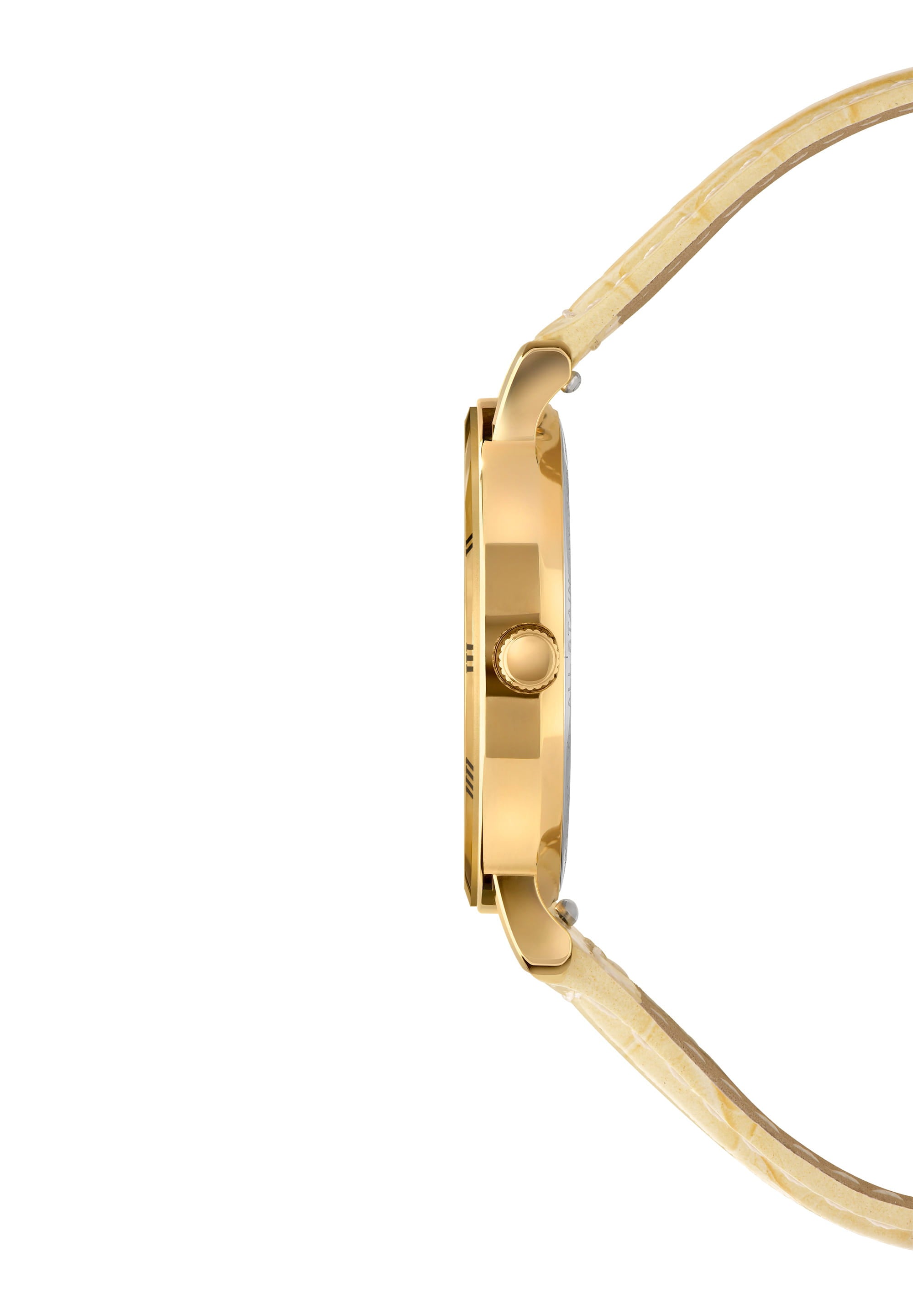 Roma Swiss Ladies Watch J2.269.M featuring a gold dial, Roman numerals, and a yellow-golden leather strap, showcasing elegant minimalist design.