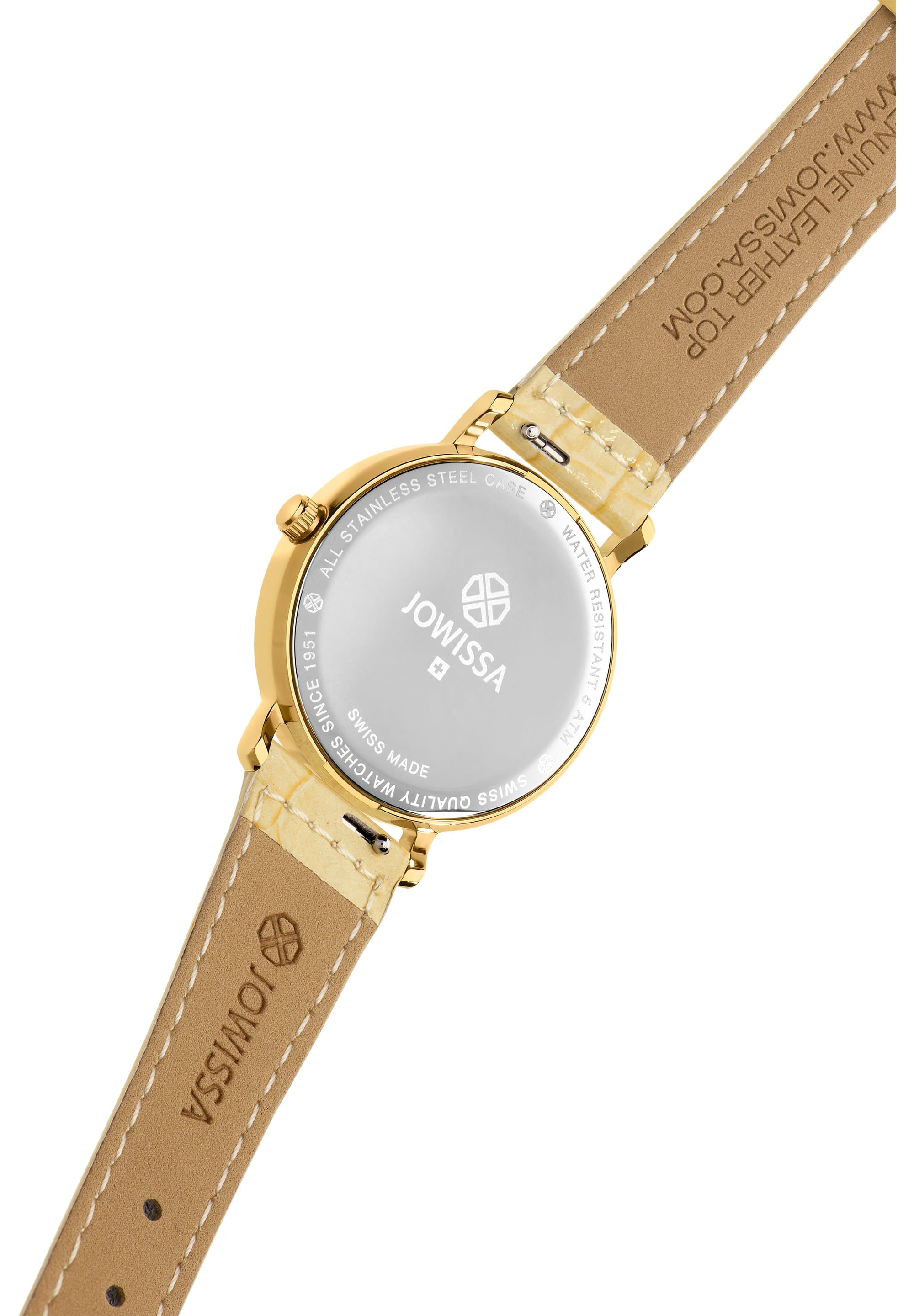 Roma Swiss Ladies Watch J2.269.M featuring a gold dial, Roman numerals, and a yellow-golden leather strap, showcasing elegant minimalist design.