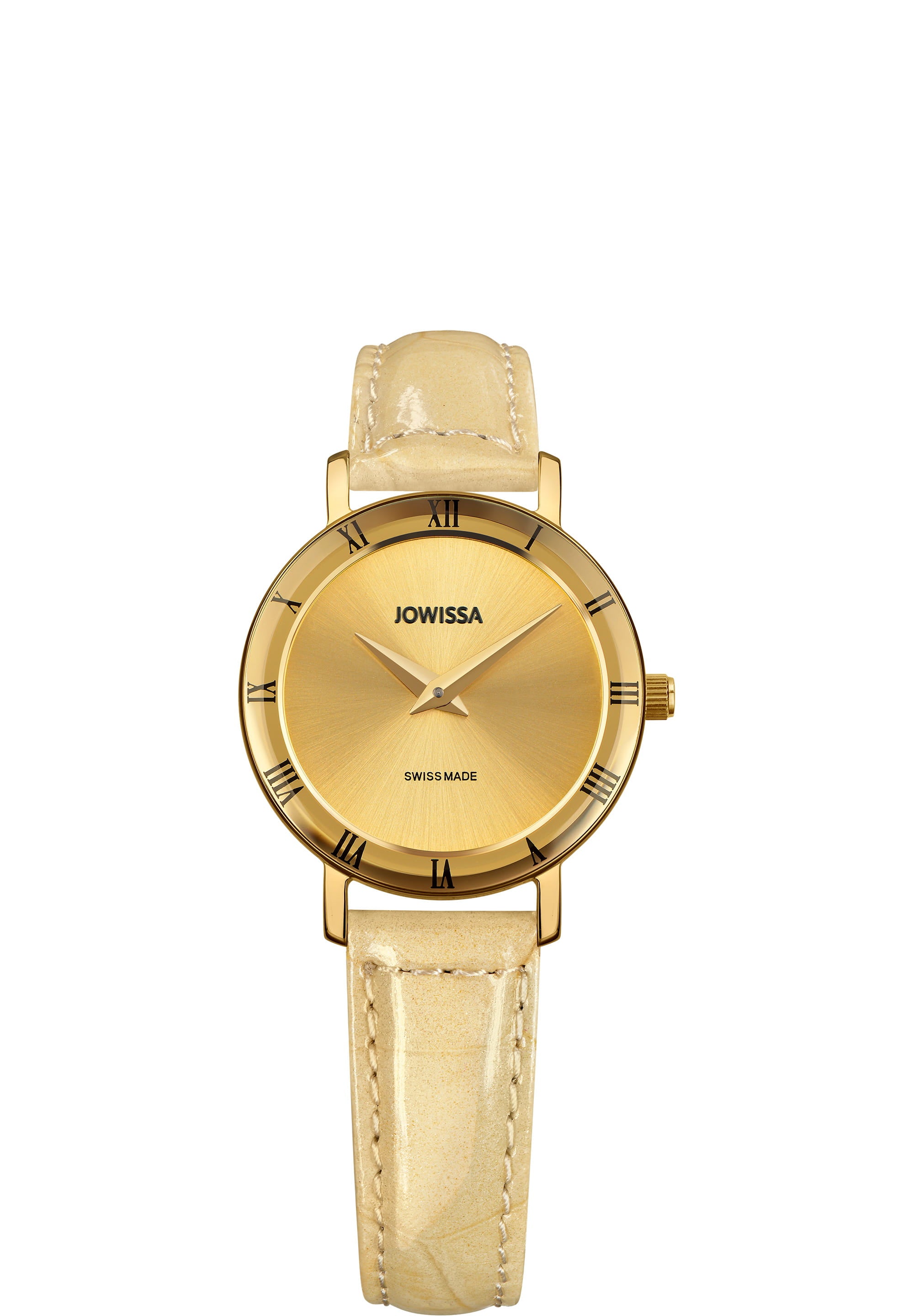 Roma Swiss Ladies Watch J2.269.S featuring a gold dial, Roman numerals, and a yellow-golden leather strap, showcasing elegant minimalist design.