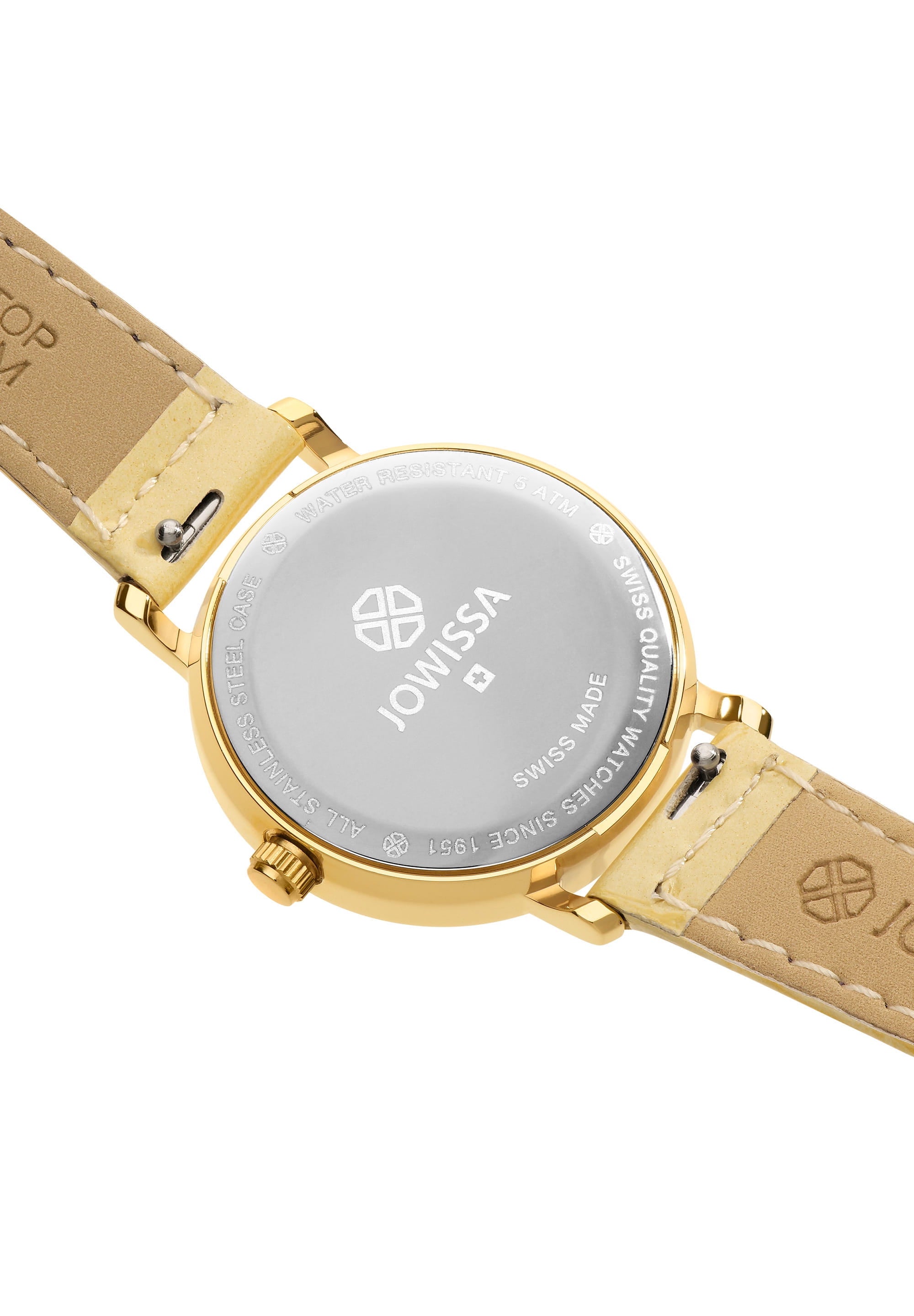 Roma Swiss Ladies Watch J2.269.S featuring a gold dial, Roman numerals, and a yellow-golden leather strap, showcasing elegant minimalist design.