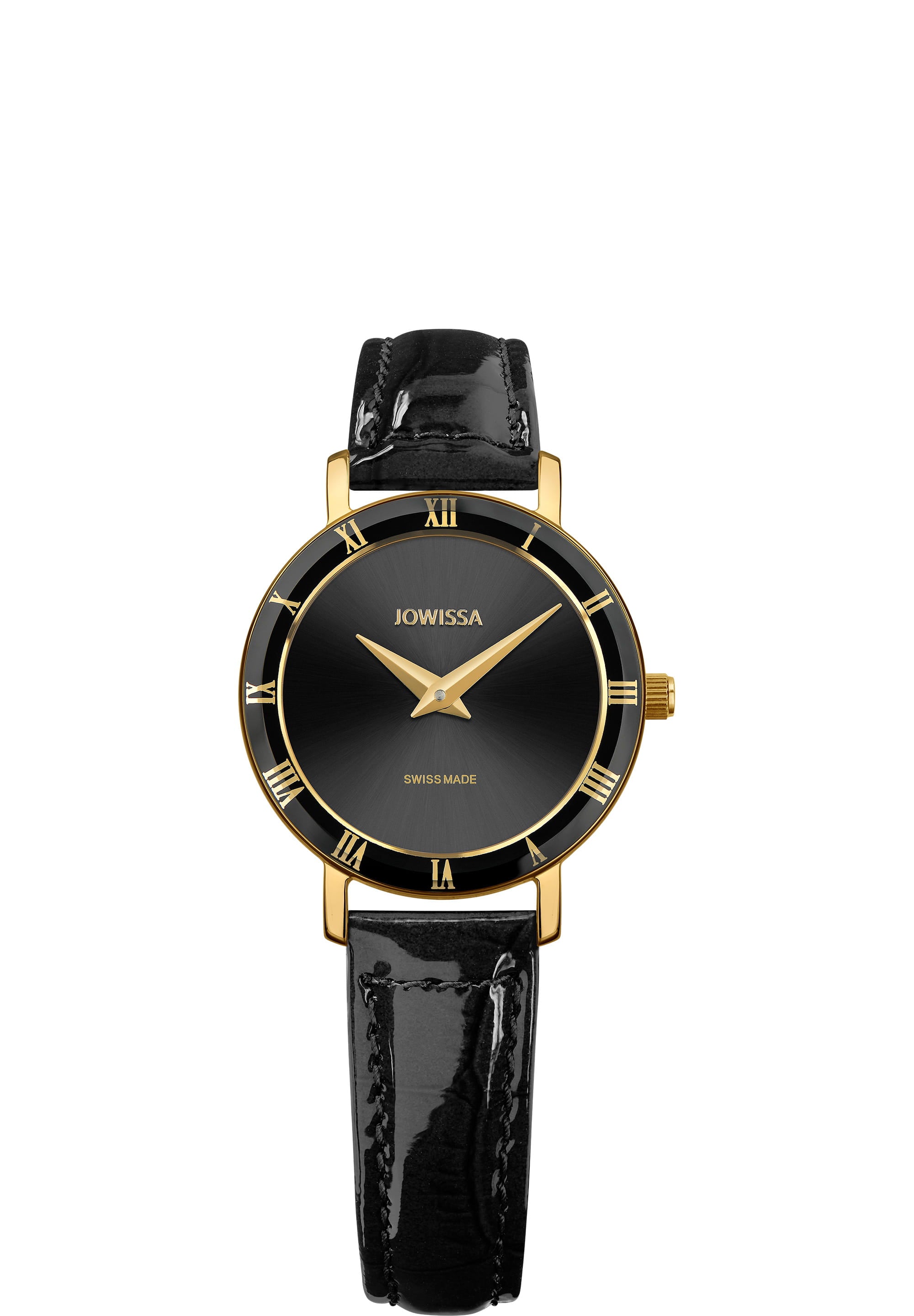 Roma Swiss Ladies Watch J2.270.S featuring a black dial, gold-tone Roman numerals, and a glossy black leather strap.