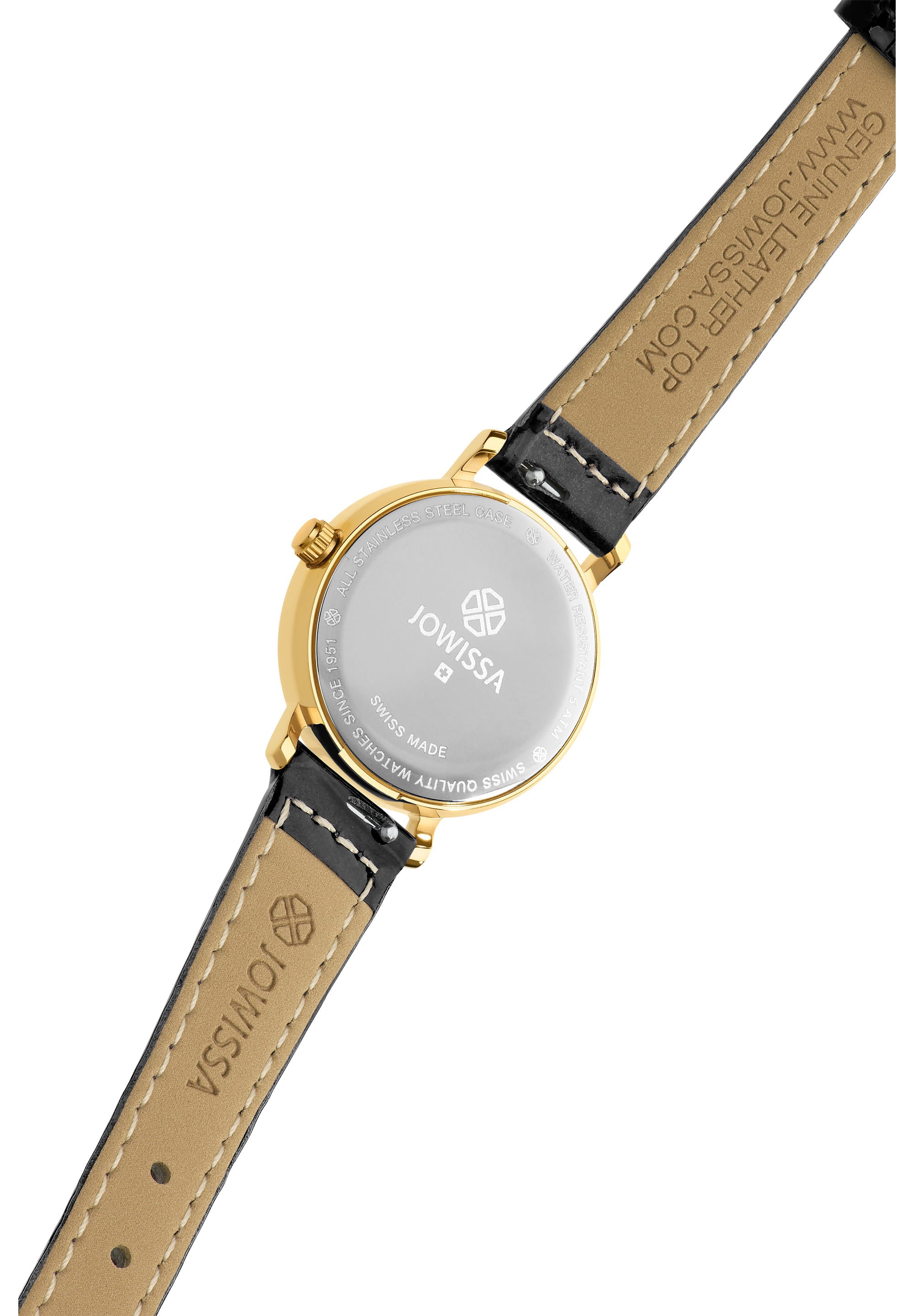 Roma Swiss Ladies Watch J2.270.S featuring a black dial, gold-tone Roman numerals, and a glossy black leather strap.