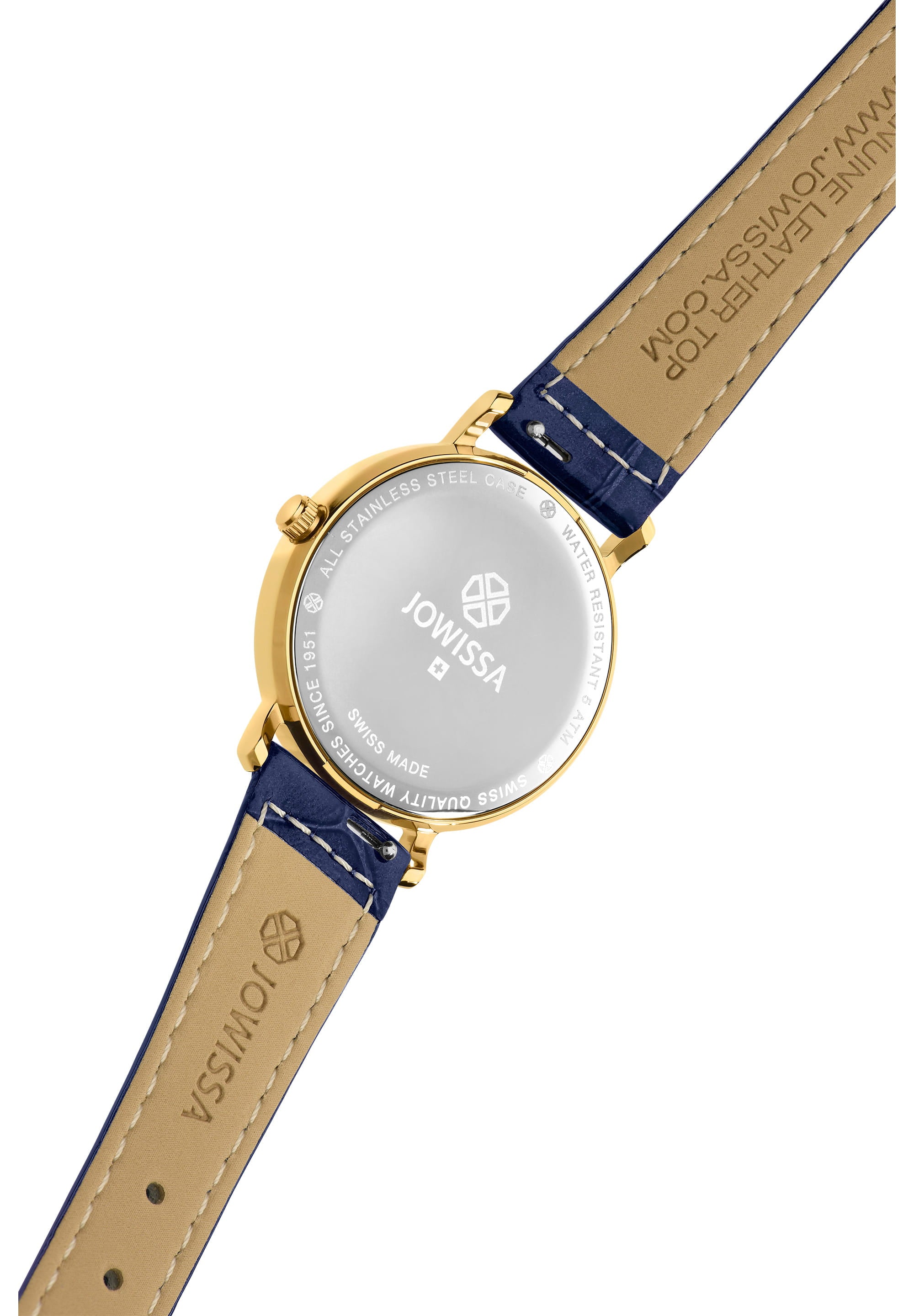 Roma Swiss Ladies Watch J2.271.M featuring a blue leather strap, gold-plated stainless steel case, and elegant Roman numeral dial.