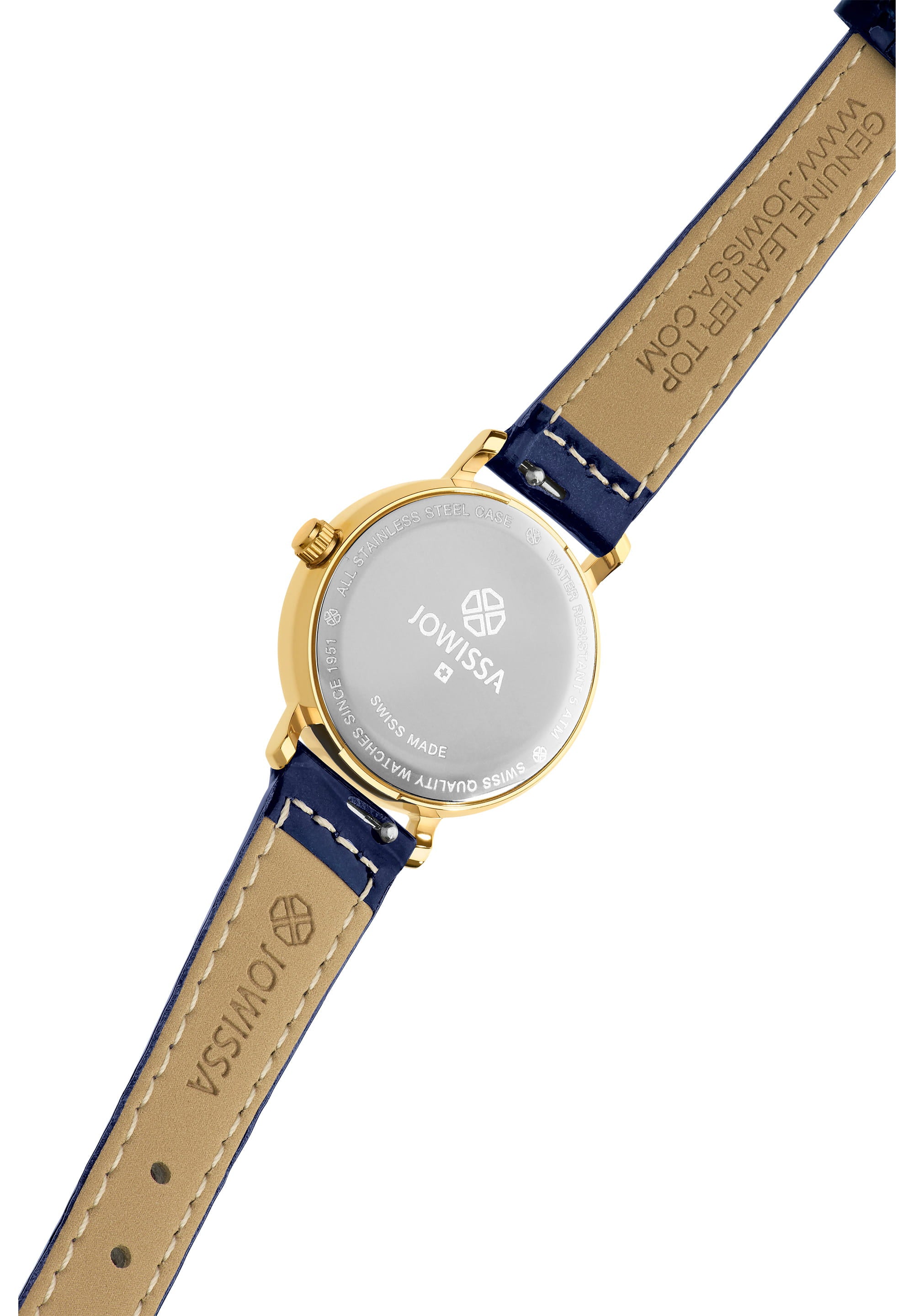 Roma Swiss Ladies Watch J2.271.S featuring a blue leather strap, gold-plated stainless steel case, and elegant Roman numerals on the dial.