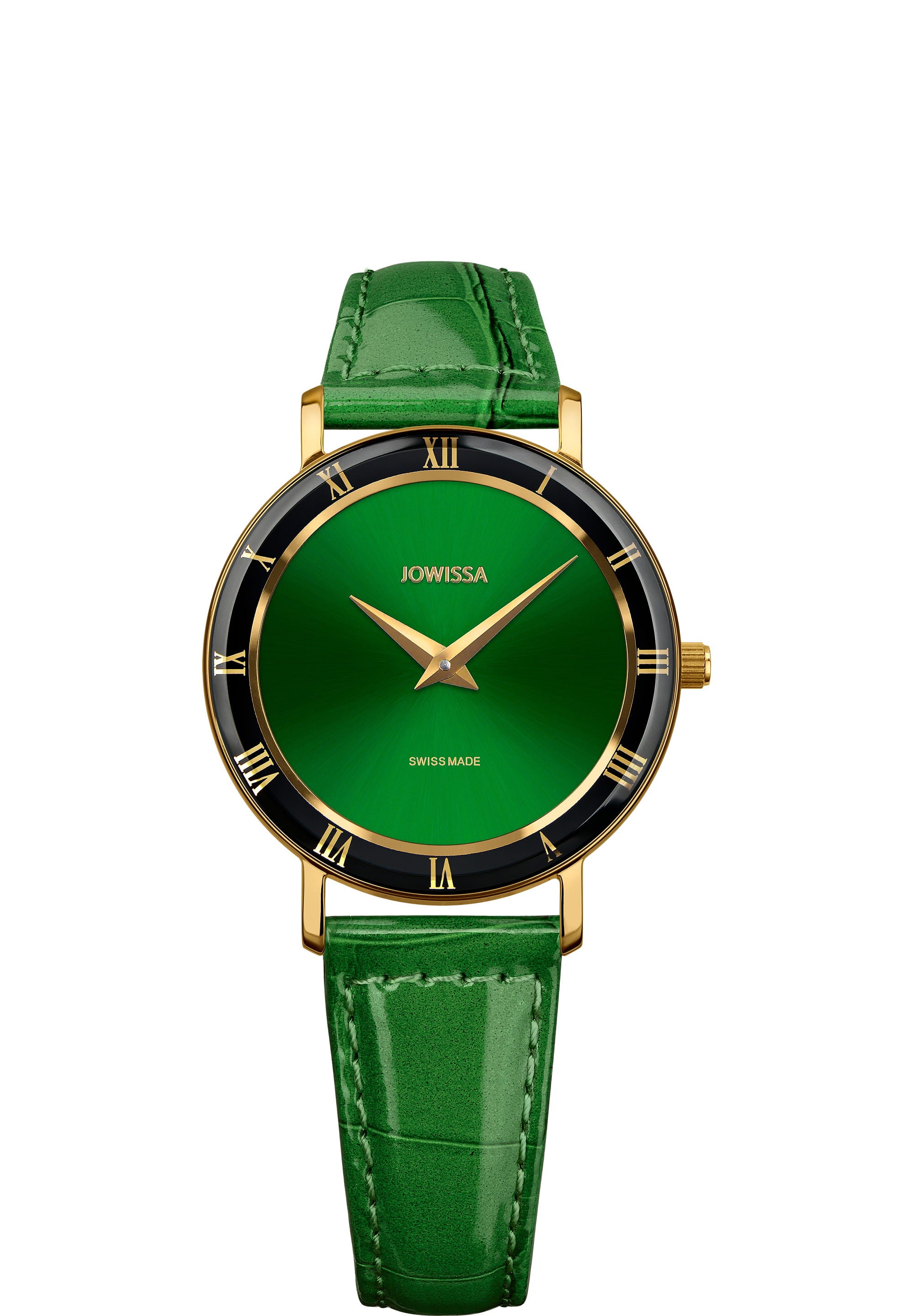 Roma Swiss Ladies Watch J2.273.M featuring an emerald-green dial, gold-tone Roman numerals, and a glossy green leather strap.