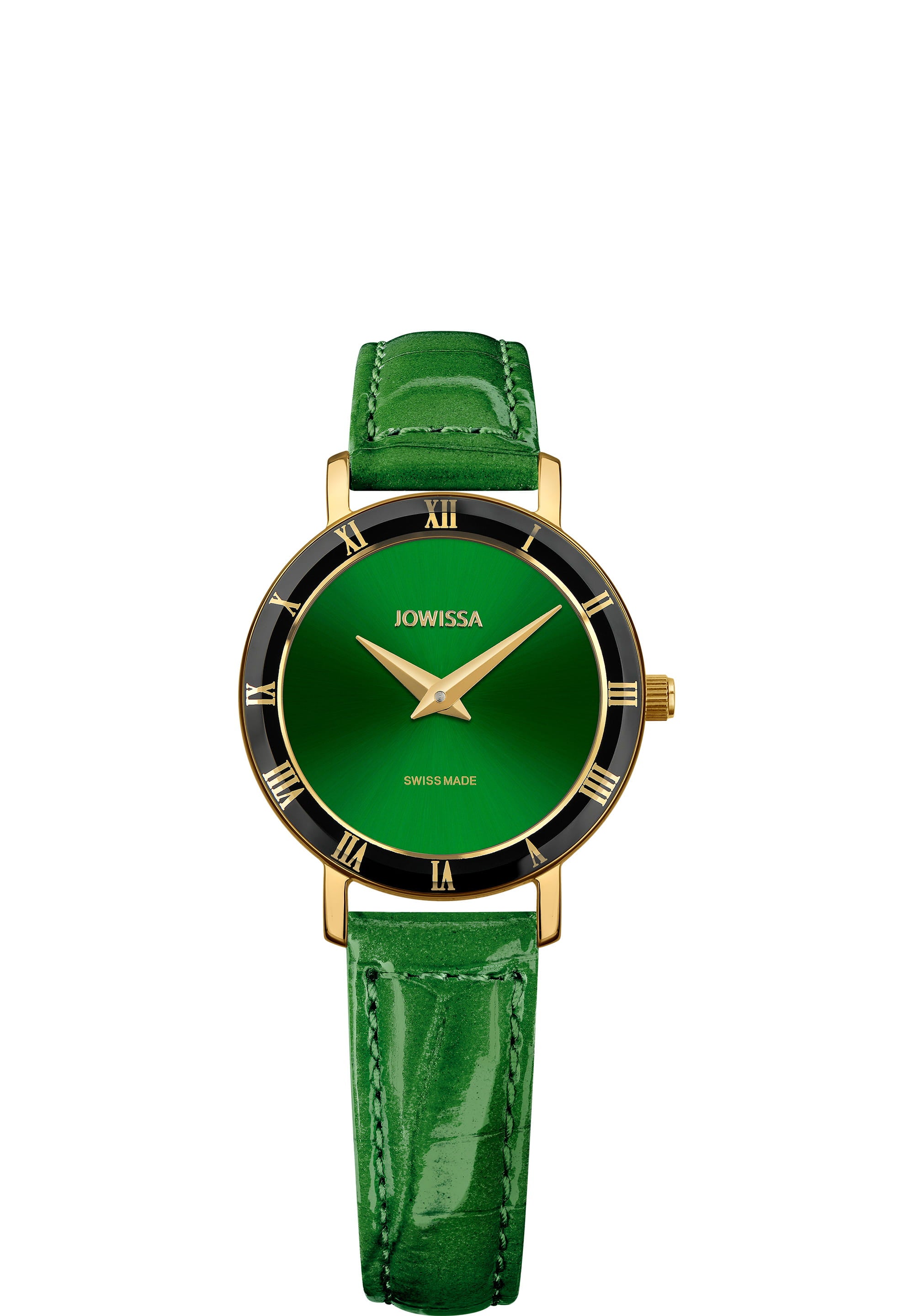 Roma Swiss Ladies Watch J2.273.S with emerald-green dial and gold-tone Roman numerals on a black bezel, featuring a glossy green leather strap.