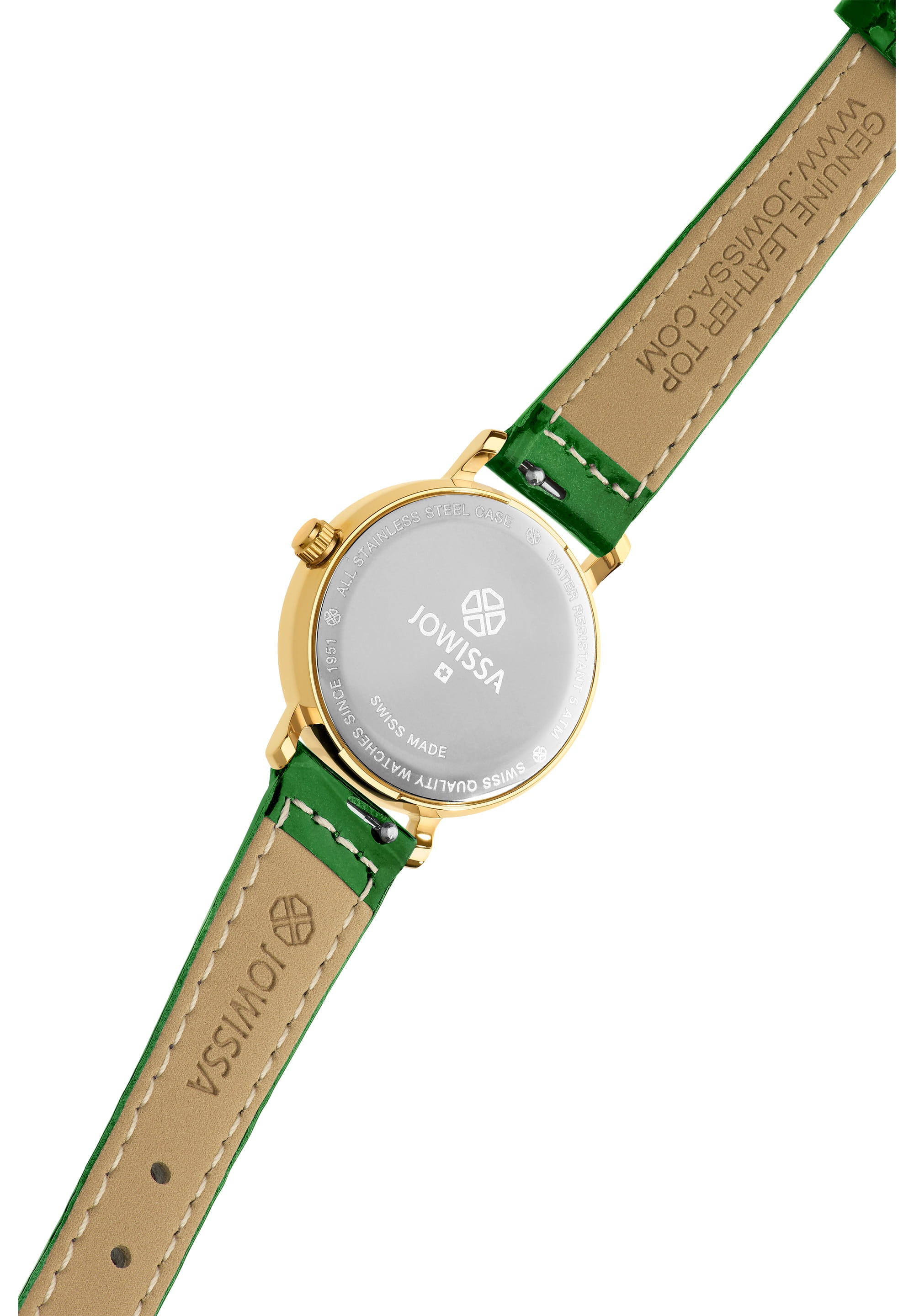 Roma Swiss Ladies Watch J2.273.S with emerald-green dial and gold-tone Roman numerals on a black bezel, featuring a glossy green leather strap.