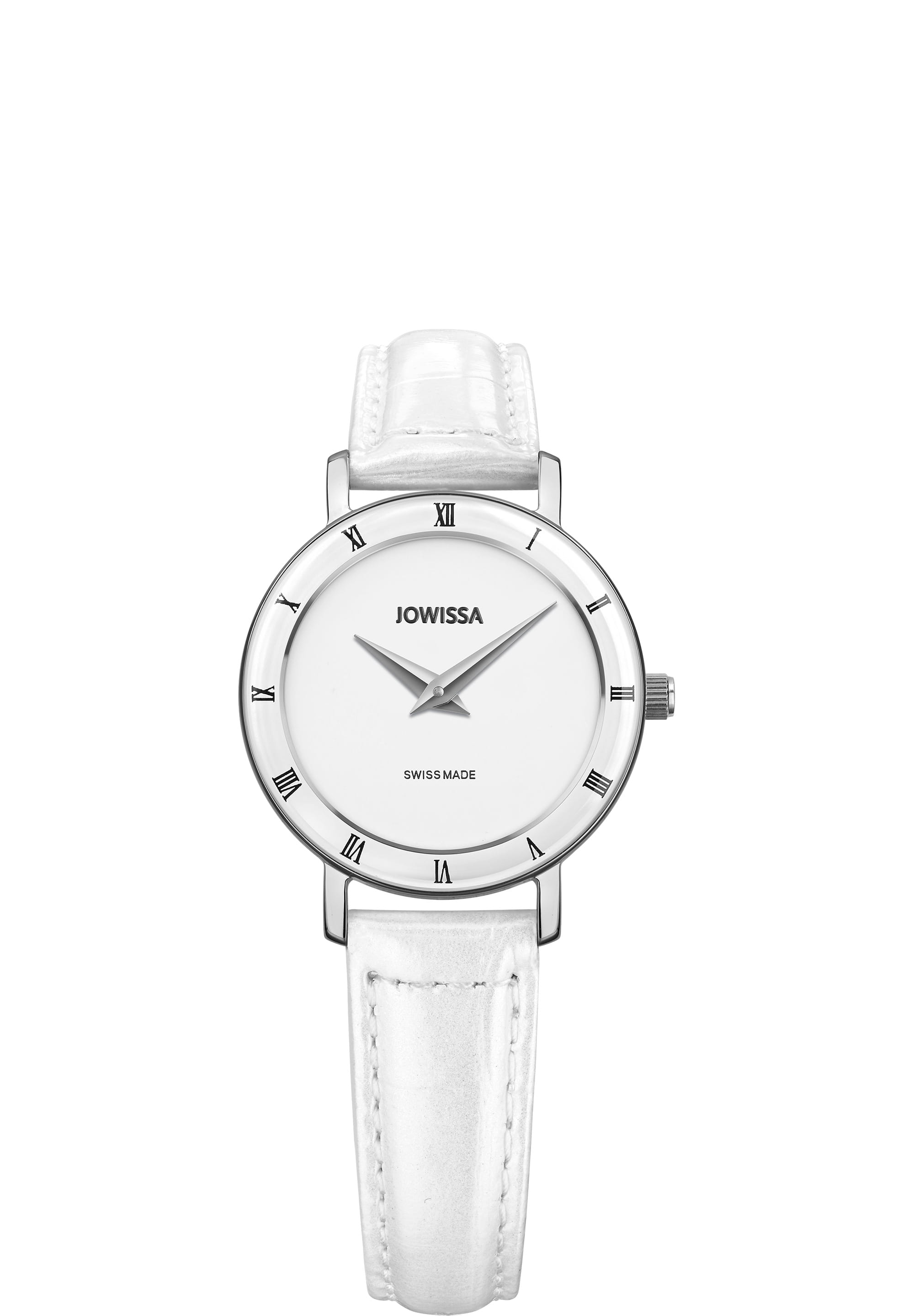 Roma Swiss Ladies Watch J2.274.S featuring a white leather strap and Roman numeral dial, showcasing elegance and precision.