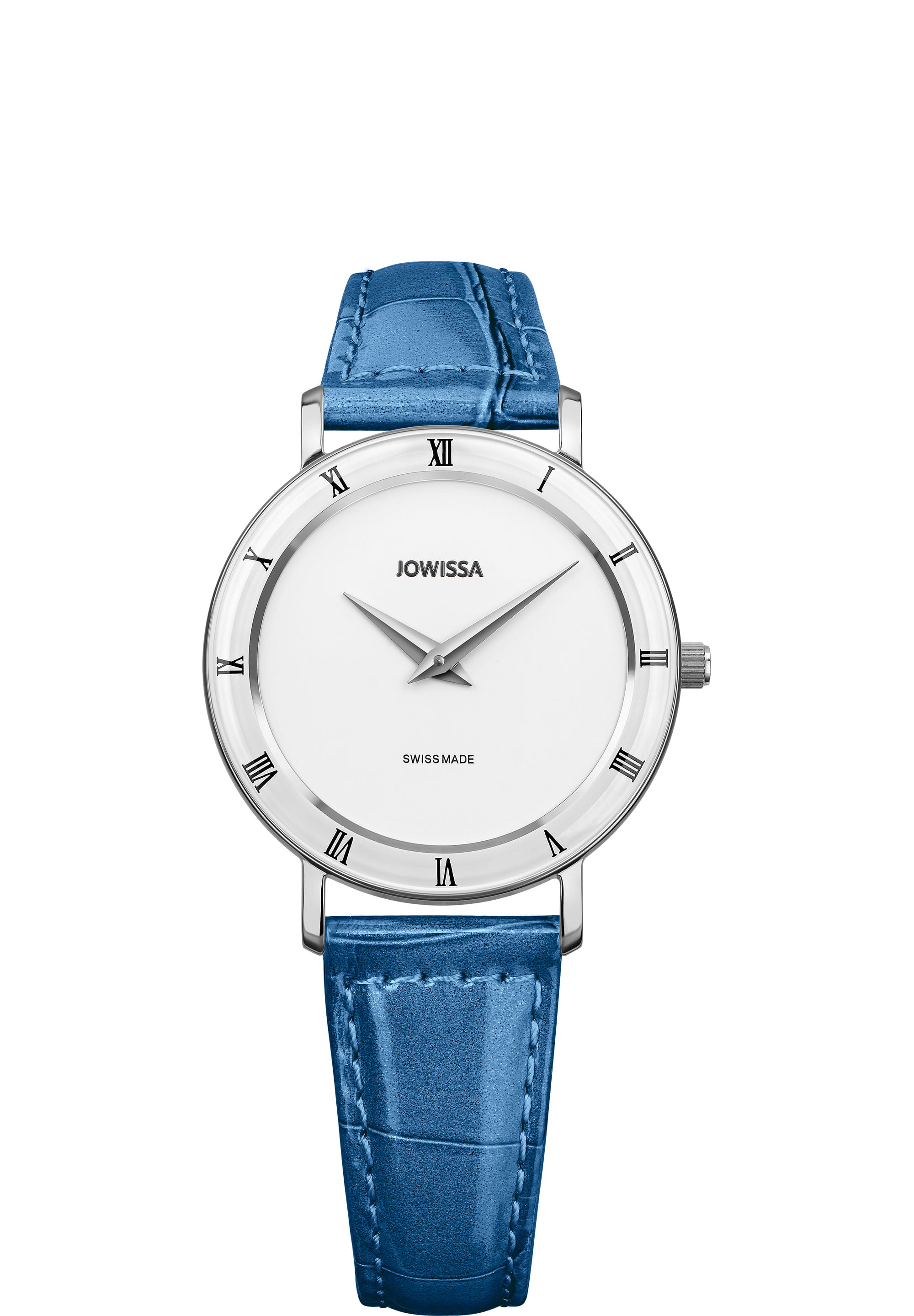 Roma Swiss Ladies Watch J2.275.M featuring a blue leather strap, white dial, and Roman numerals, showcasing elegant Swiss craftsmanship.