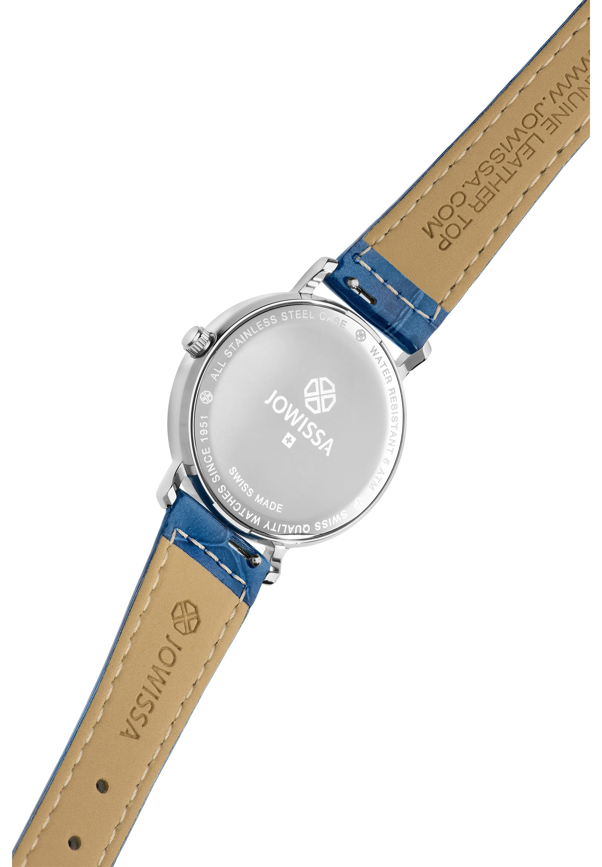 Roma Swiss Ladies Watch J2.275.M featuring a blue leather strap, white dial, and Roman numerals, showcasing elegant Swiss craftsmanship.