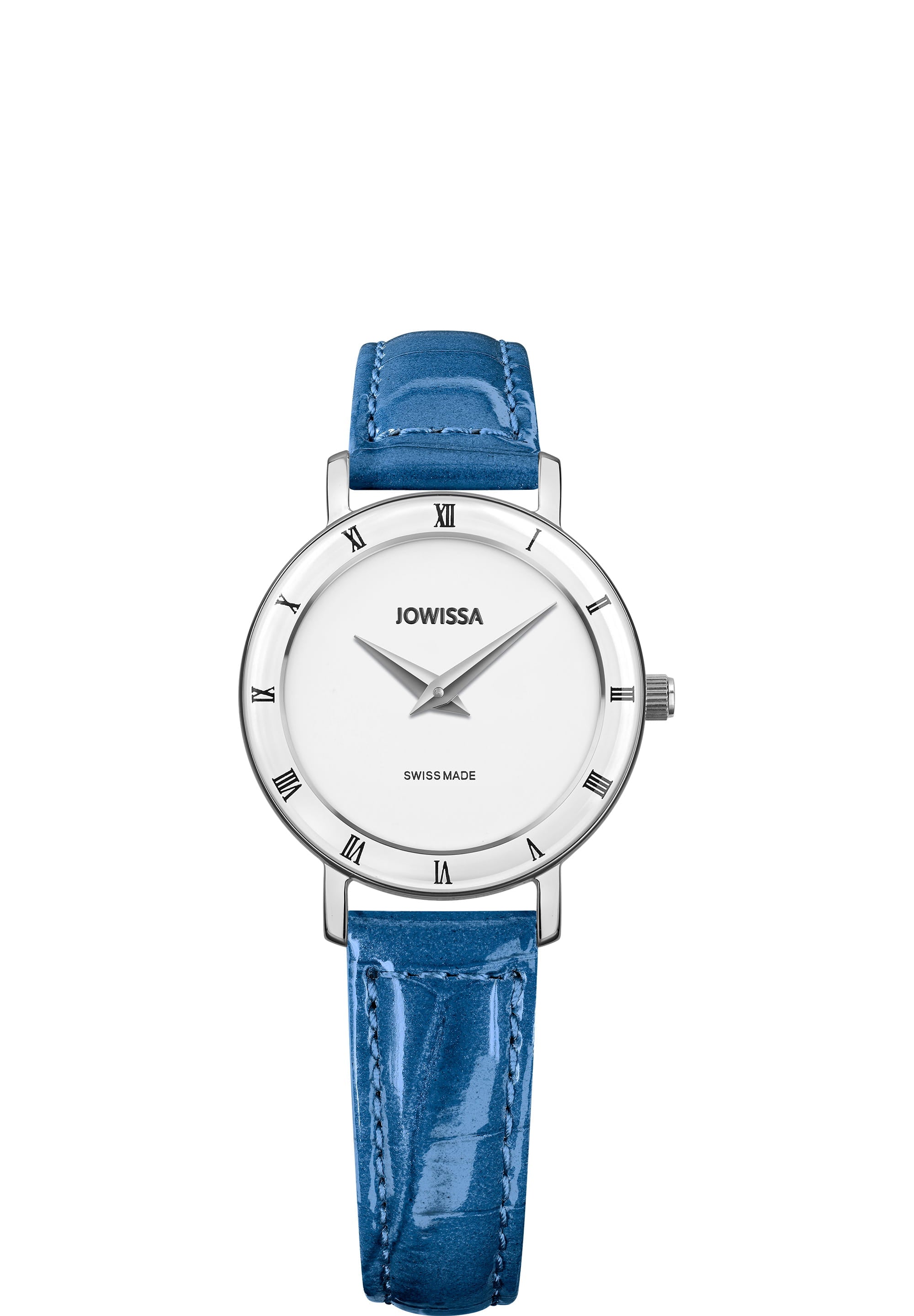 Roma Swiss Ladies Watch J2.275.S featuring a white dial, Roman numerals, and an ocean blue leather strap.