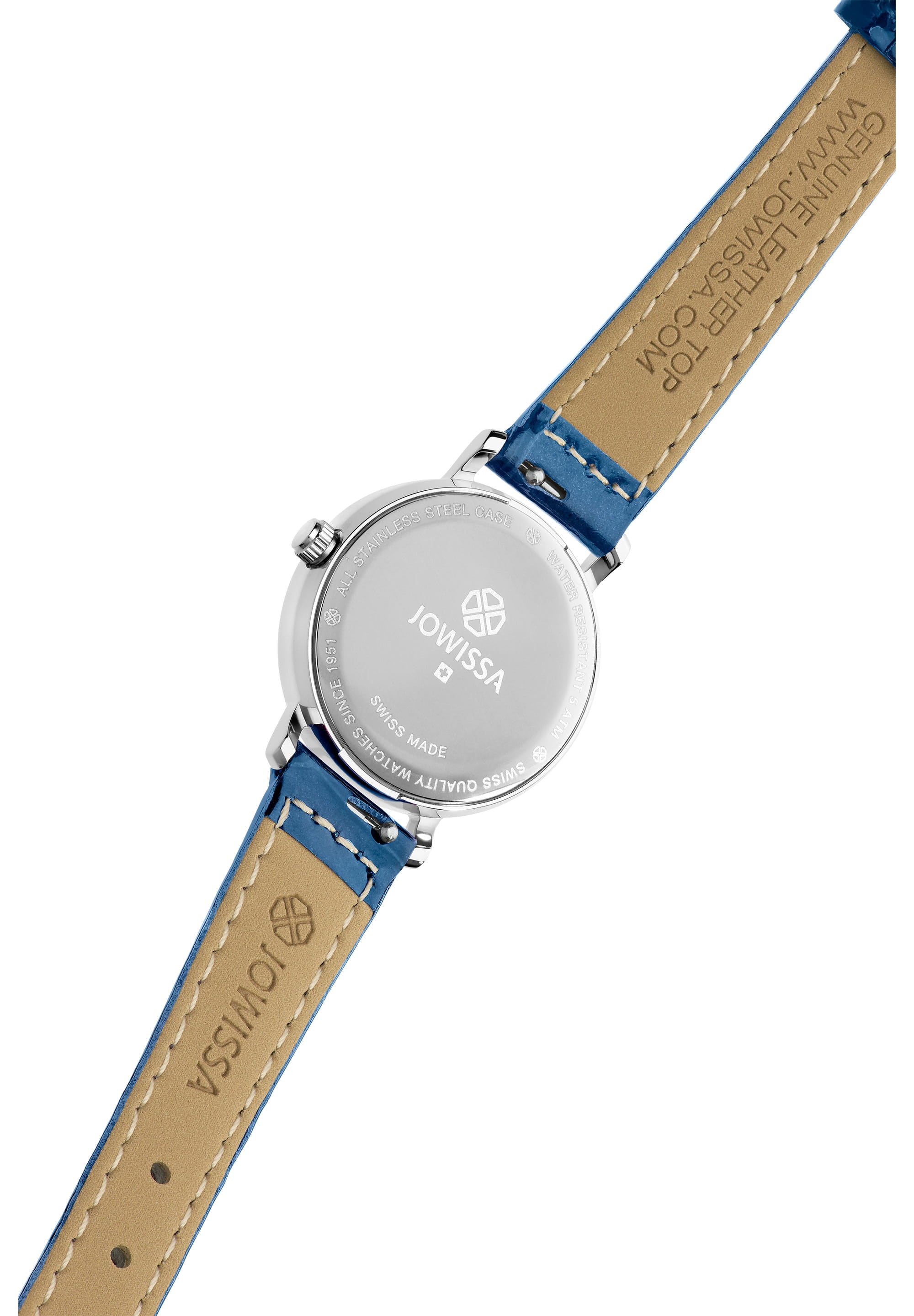 Roma Swiss Ladies Watch J2.275.S featuring a white dial, Roman numerals, and an ocean blue leather strap.