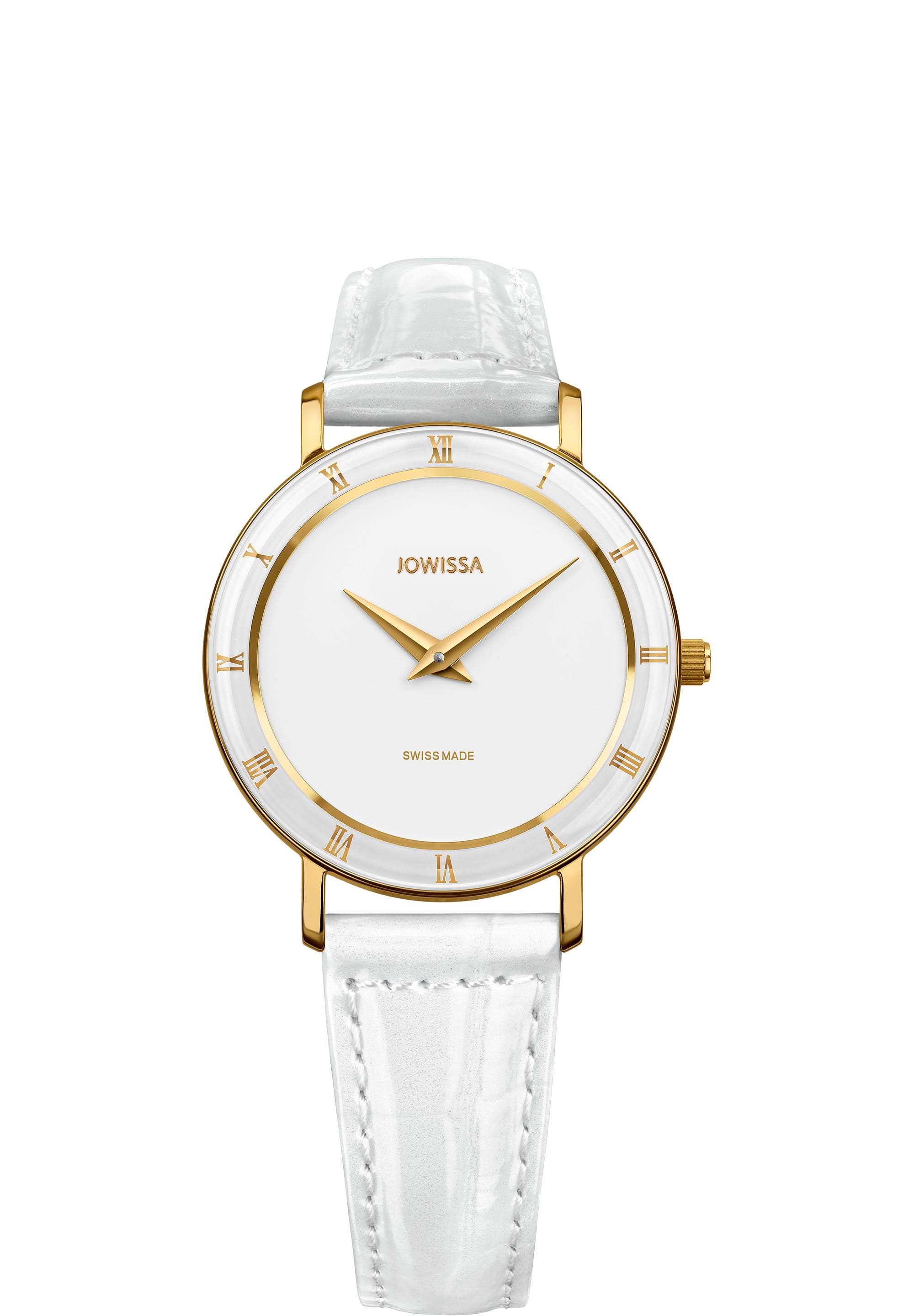 Roma Swiss Ladies Watch J2.276.M featuring a white dial, gold-tone Roman numerals, and a glossy white leather strap.