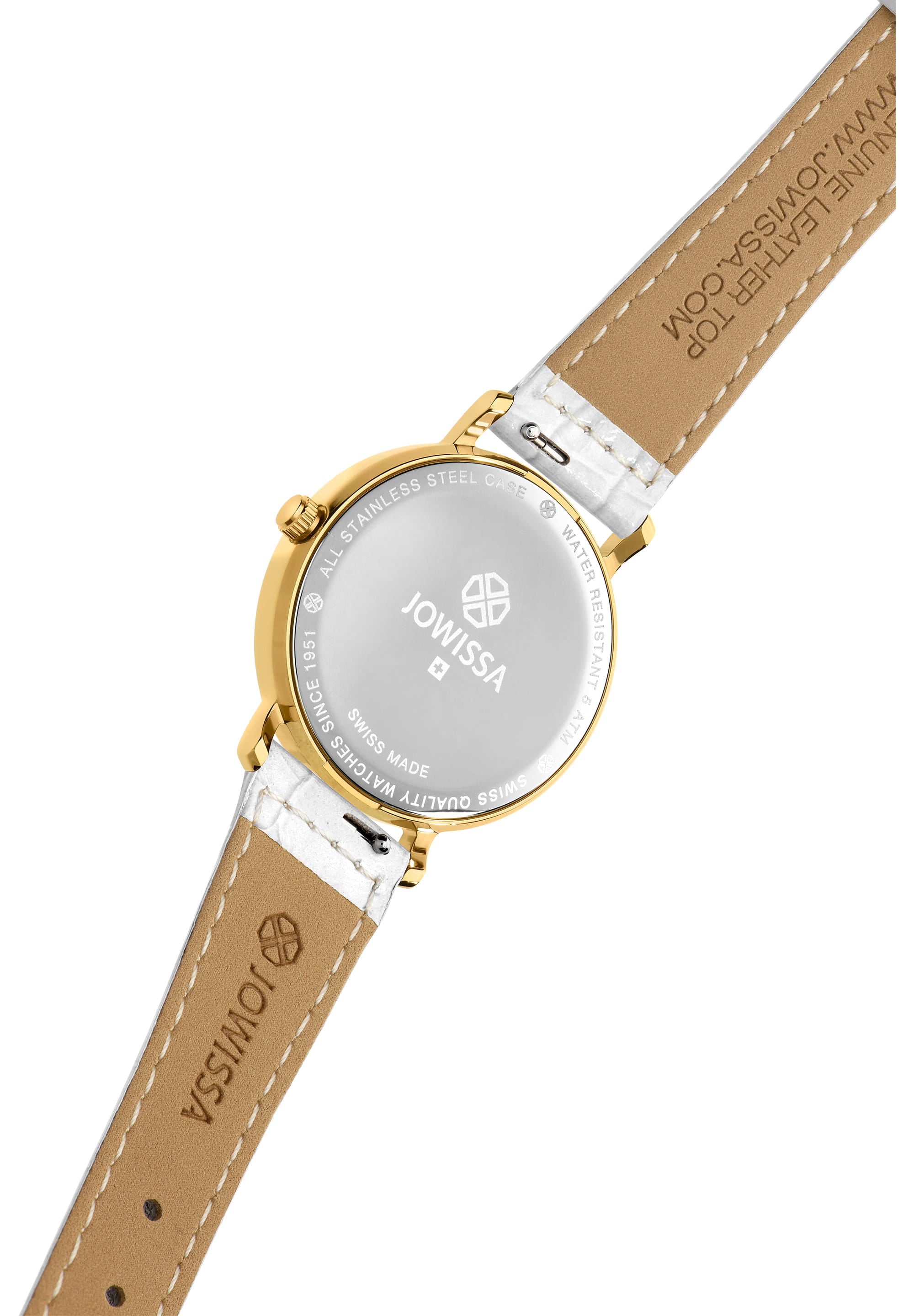 Roma Swiss Ladies Watch J2.276.M featuring a white dial, gold-tone Roman numerals, and a glossy white leather strap.