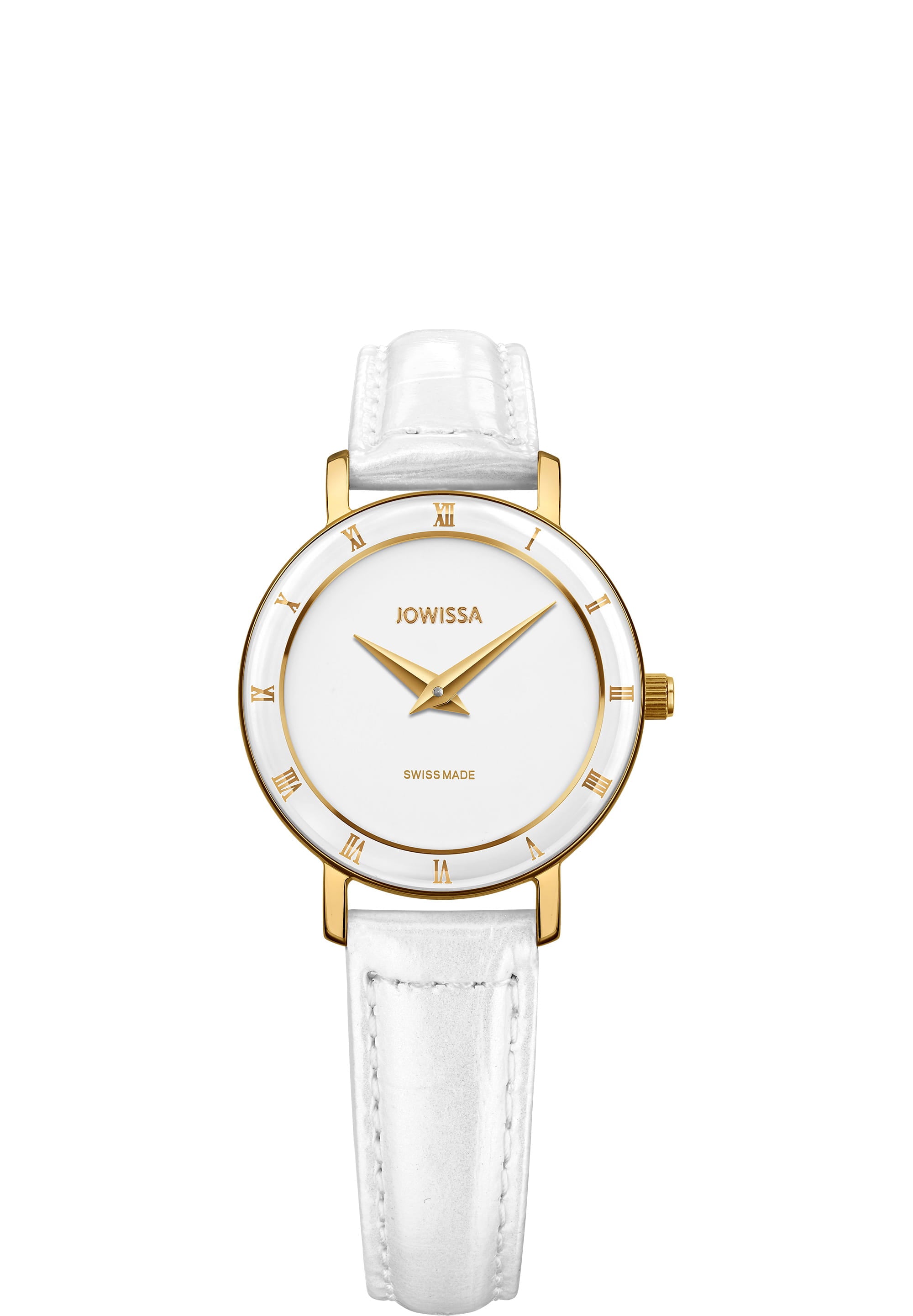 Roma Swiss Ladies Watch J2.276.S with white dial, gold-tone Roman numerals, and glossy white leather strap.