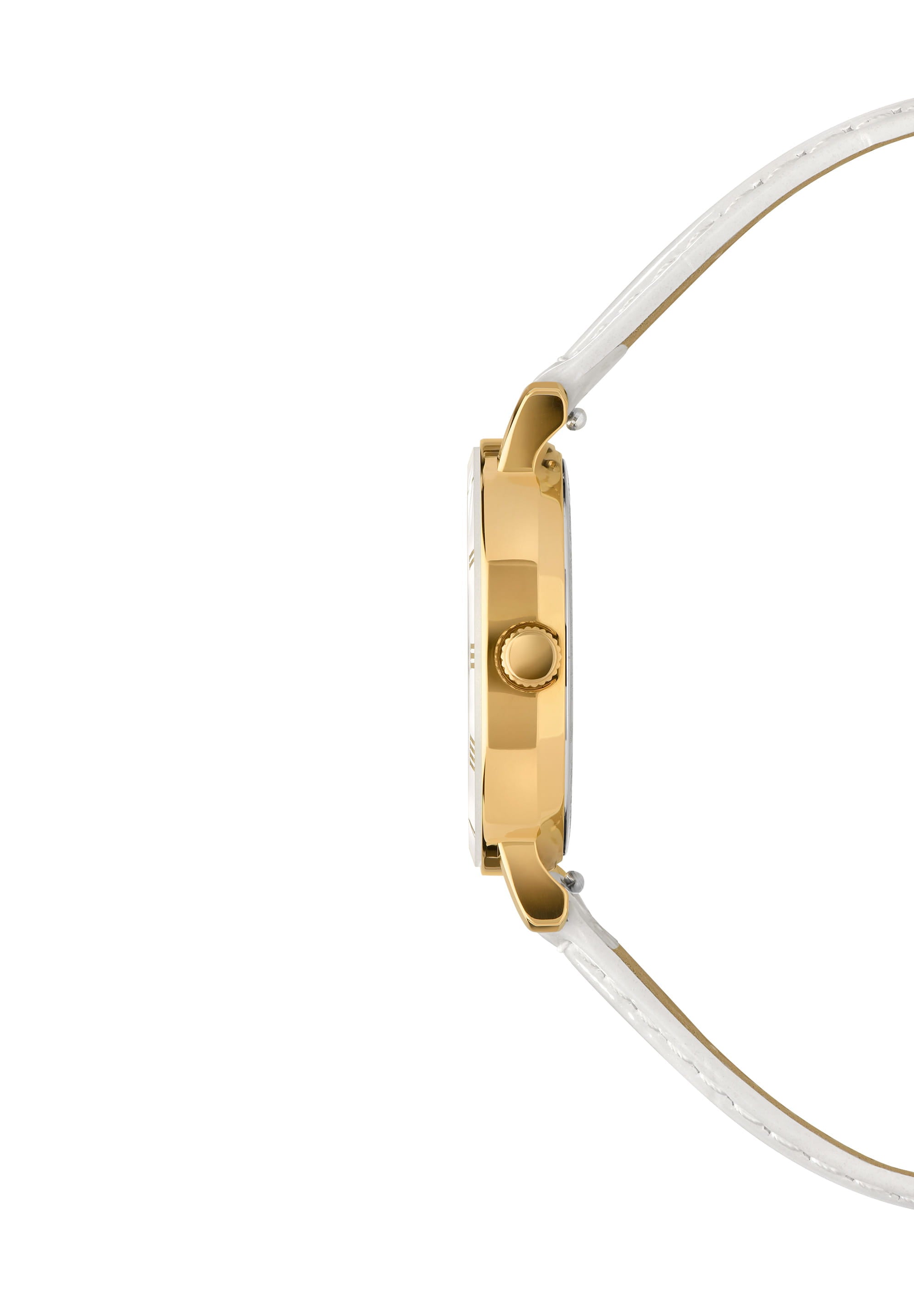 Roma Swiss Ladies Watch J2.276.S with white dial, gold-tone Roman numerals, and glossy white leather strap.