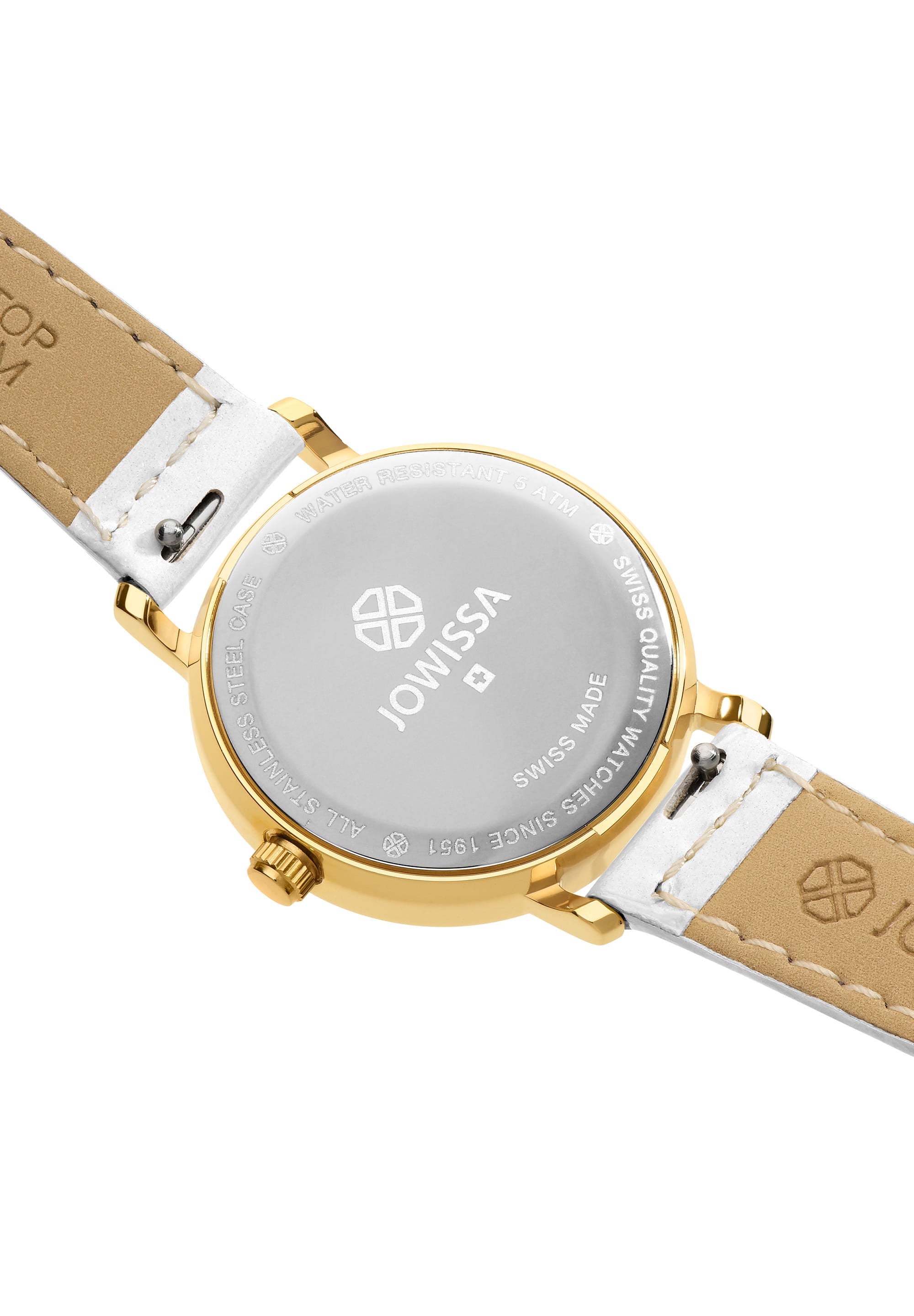 Roma Swiss Ladies Watch J2.276.S with white dial, gold-tone Roman numerals, and glossy white leather strap.