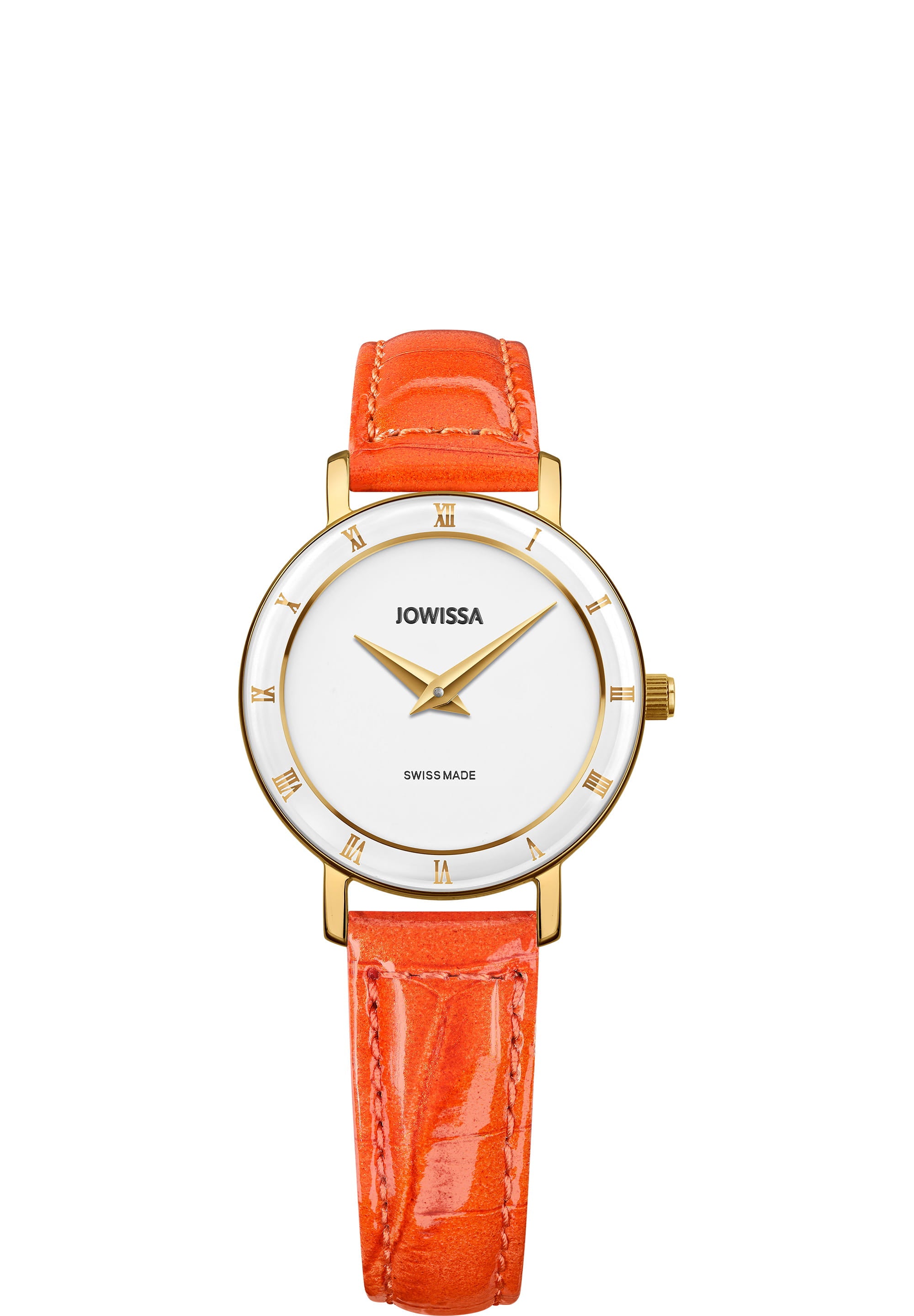 Roma Swiss Ladies Watch J2.278.S featuring an orange leather strap and white dial with rose-gold hour hands.