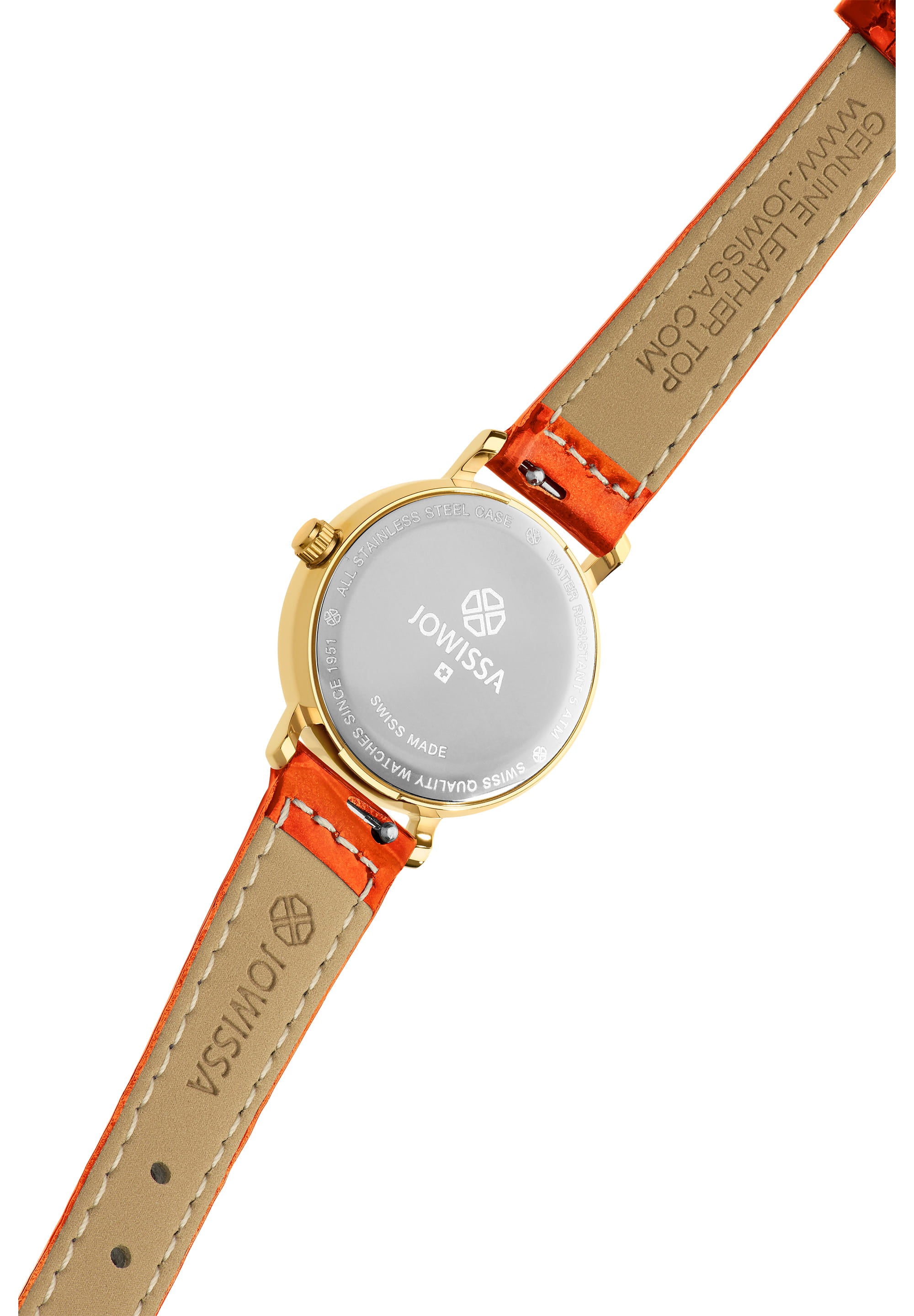 Roma Swiss Ladies Watch J2.278.S featuring an orange leather strap and white dial with rose-gold hour hands.