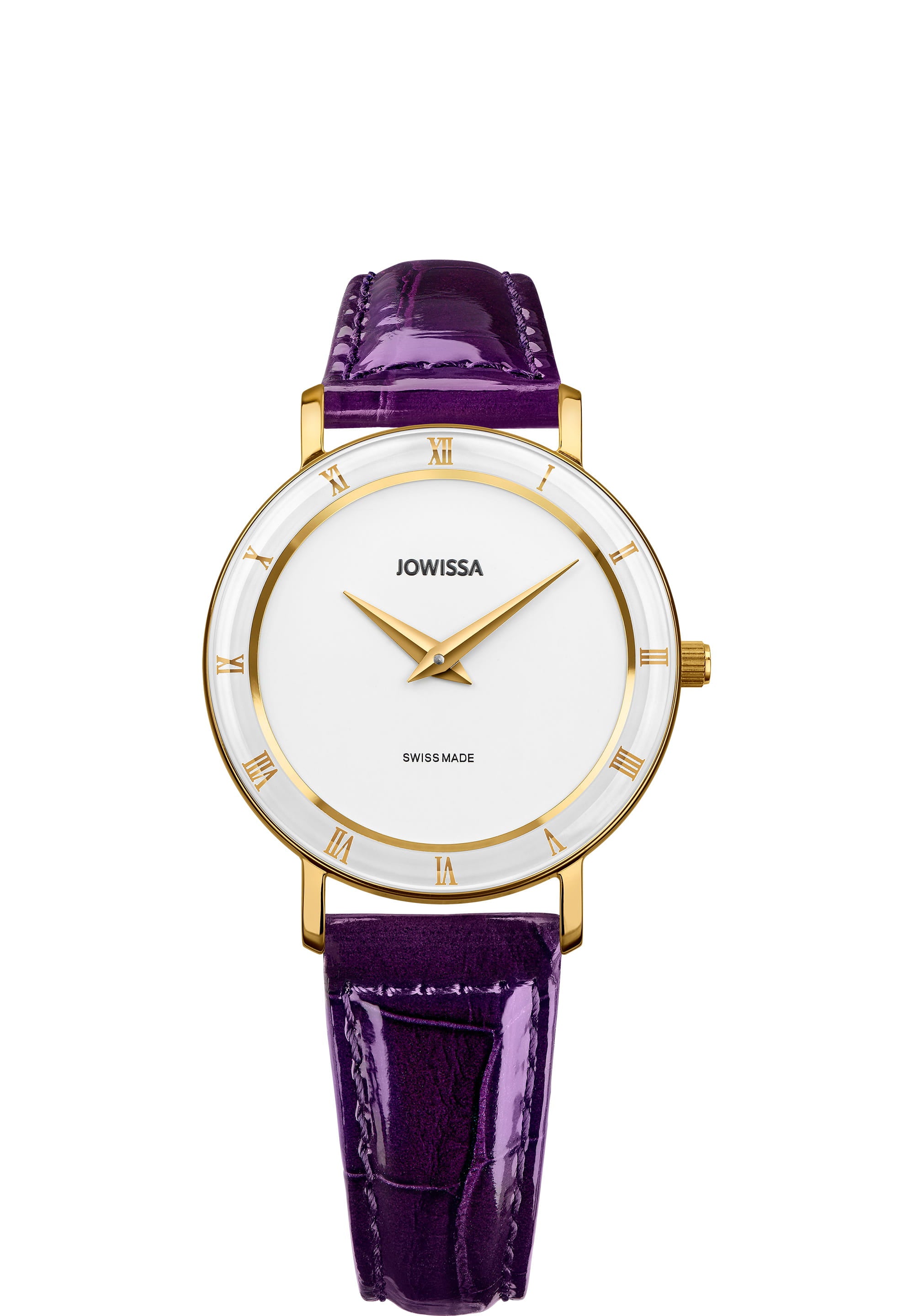 Roma Swiss Ladies Watch J2.279.M featuring a purple leather strap, gold-tone Roman numerals, and a white dial in a polished stainless steel case.