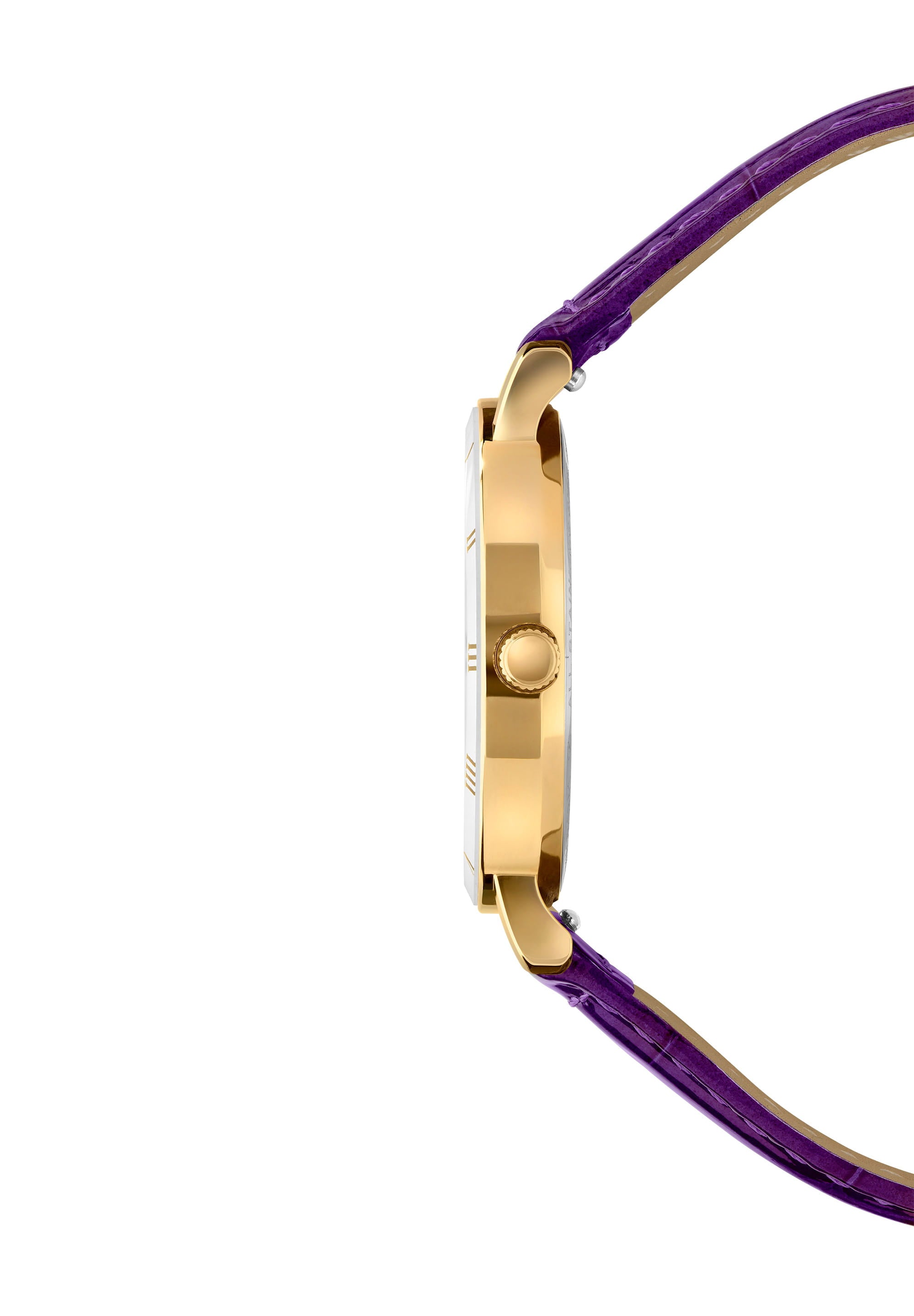 Roma Swiss Ladies Watch J2.279.M featuring a purple leather strap, gold-tone Roman numerals, and a white dial in a polished stainless steel case.