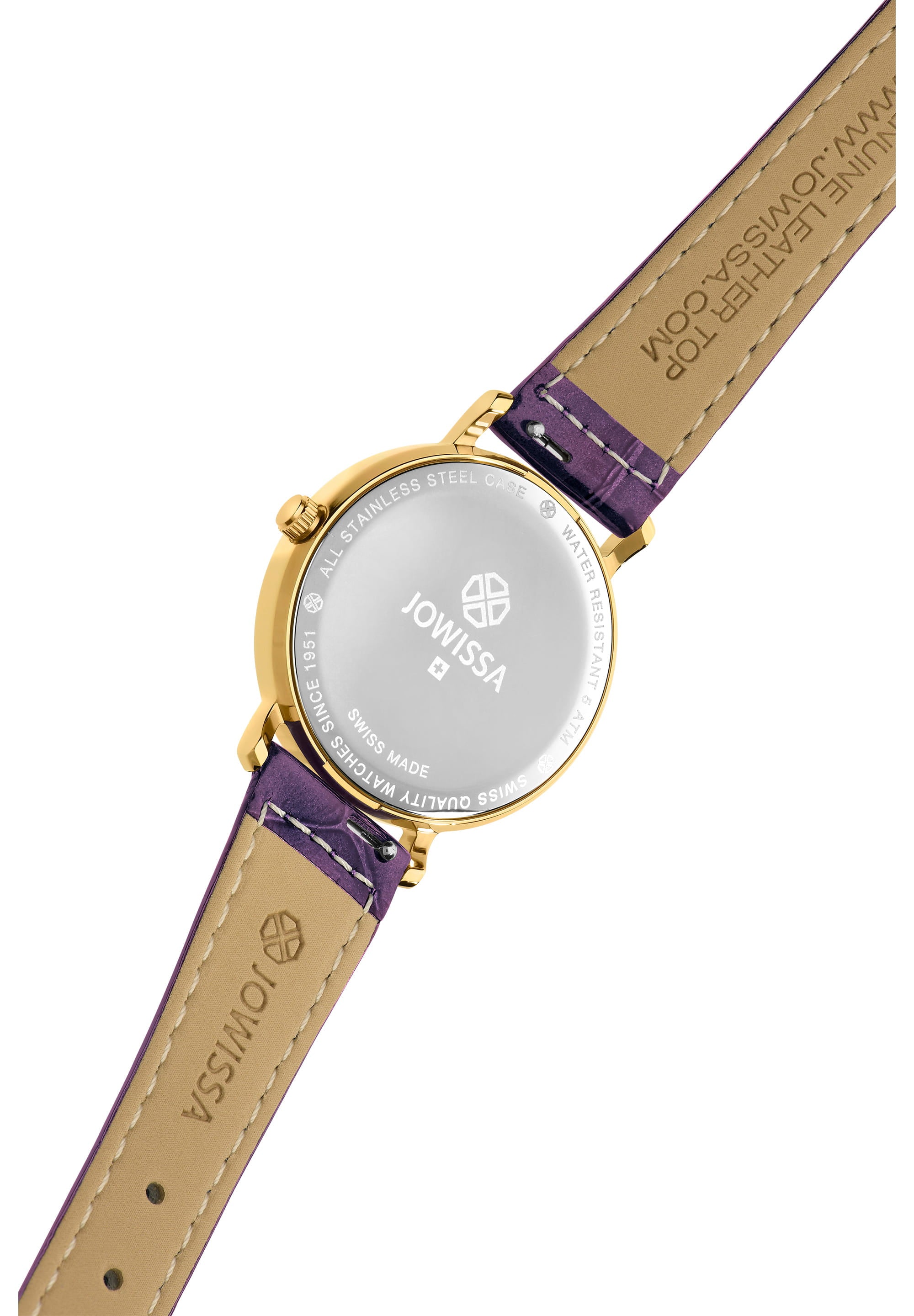 Roma Swiss Ladies Watch J2.279.M featuring a purple leather strap, gold-tone Roman numerals, and a white dial in a polished stainless steel case.