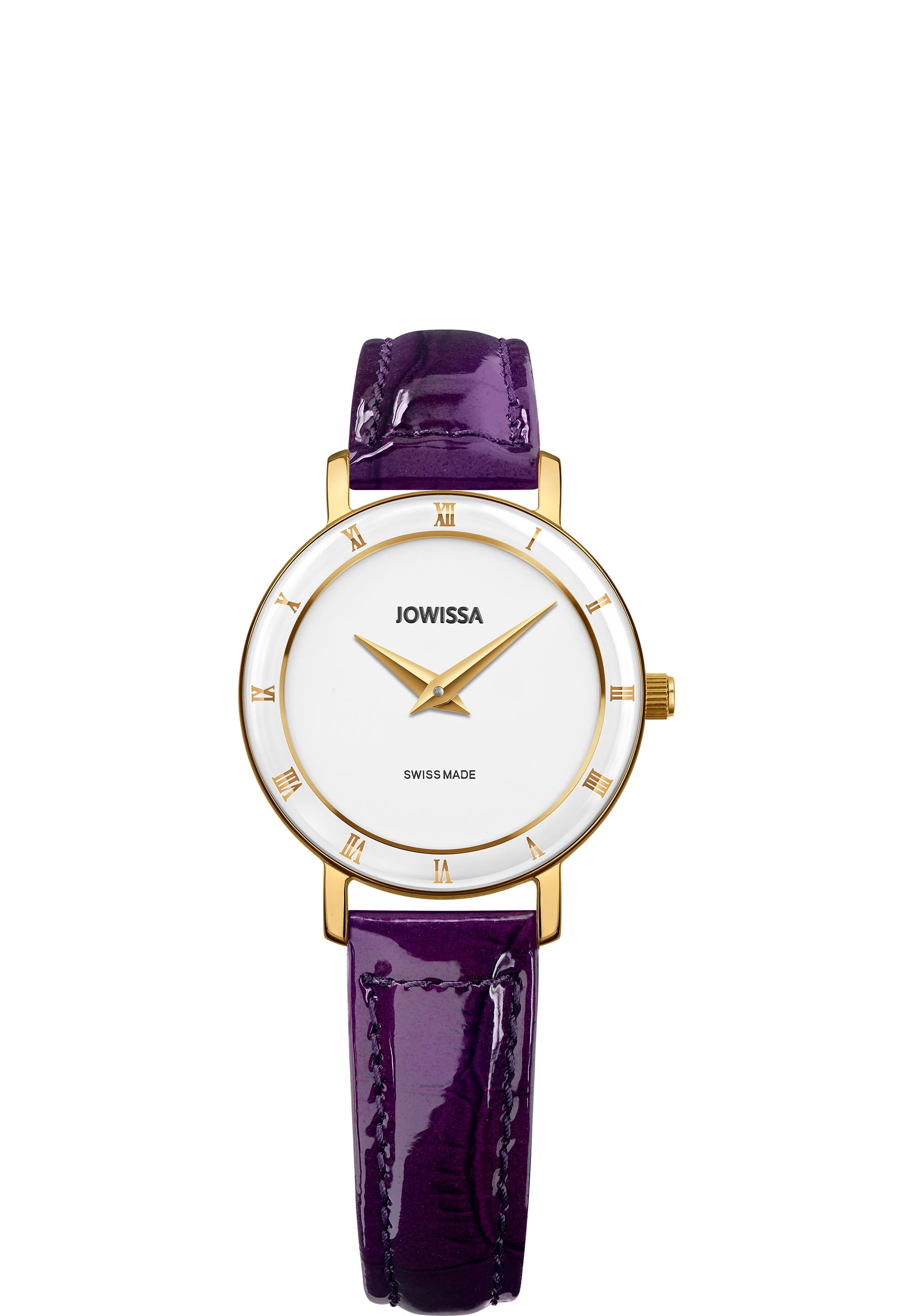 Roma Swiss Ladies Watch J2.279.S featuring a gold-tone case, white dial, and vibrant purple leather strap.