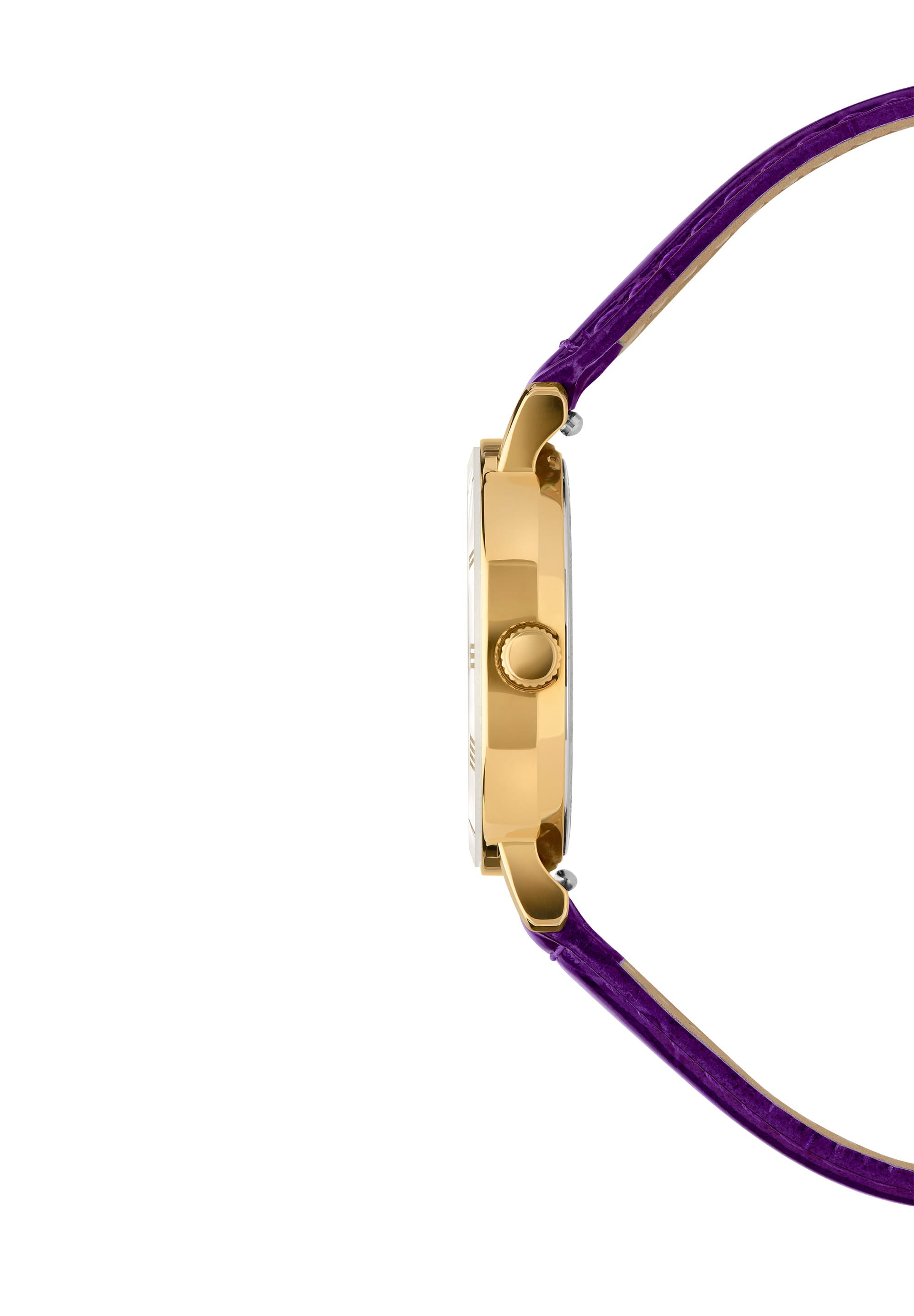 Roma Swiss Ladies Watch J2.279.S featuring a gold-tone case, white dial, and vibrant purple leather strap.