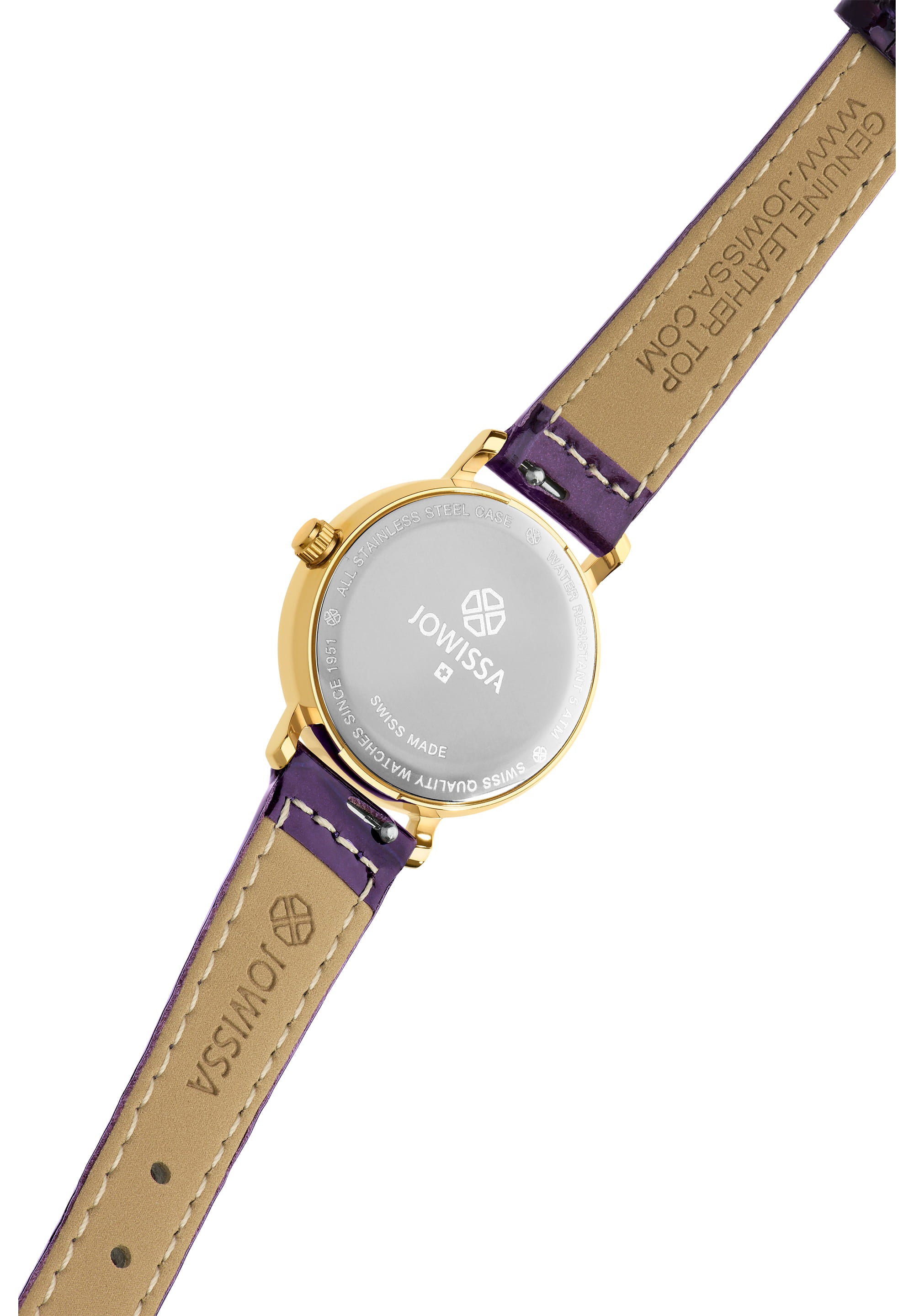 Roma Swiss Ladies Watch J2.279.S featuring a gold-tone case, white dial, and vibrant purple leather strap.