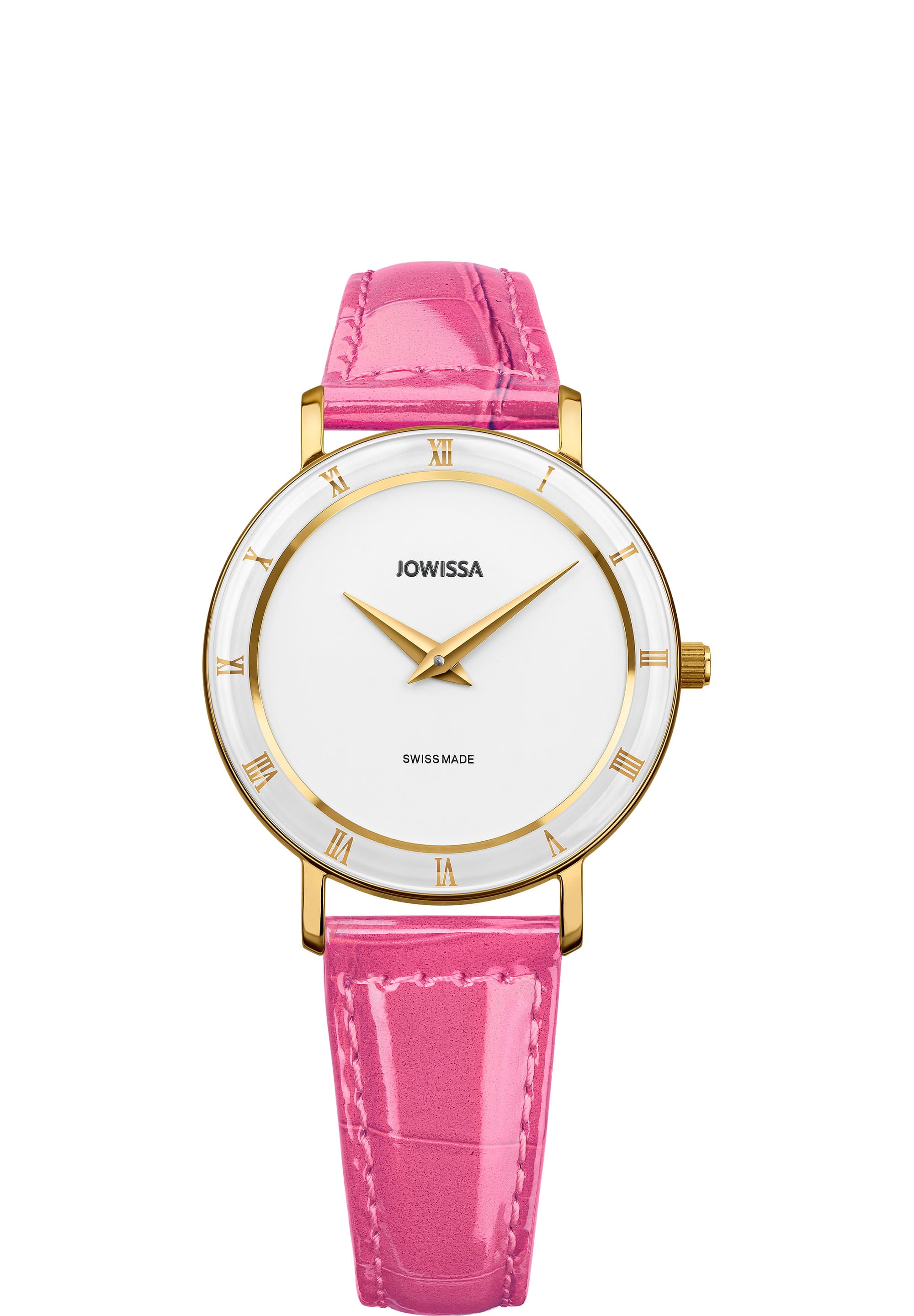 Roma Swiss Ladies Watch J2.280.M featuring a pink leather strap, white dial, and gold-tone Roman numerals, showcasing elegance and style.