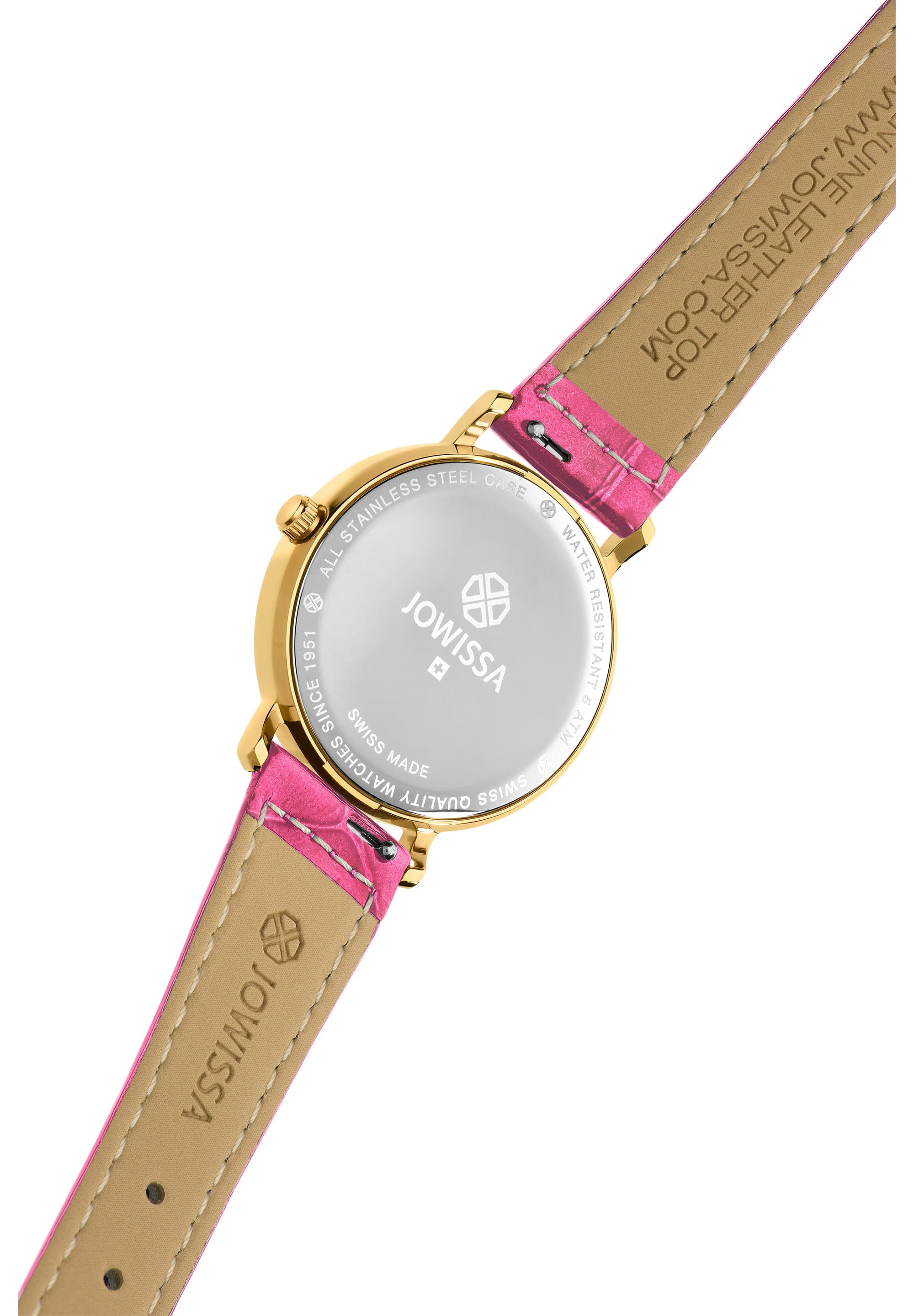 Roma Swiss Ladies Watch J2.280.M featuring a pink leather strap, white dial, and gold-tone Roman numerals, showcasing elegance and style.