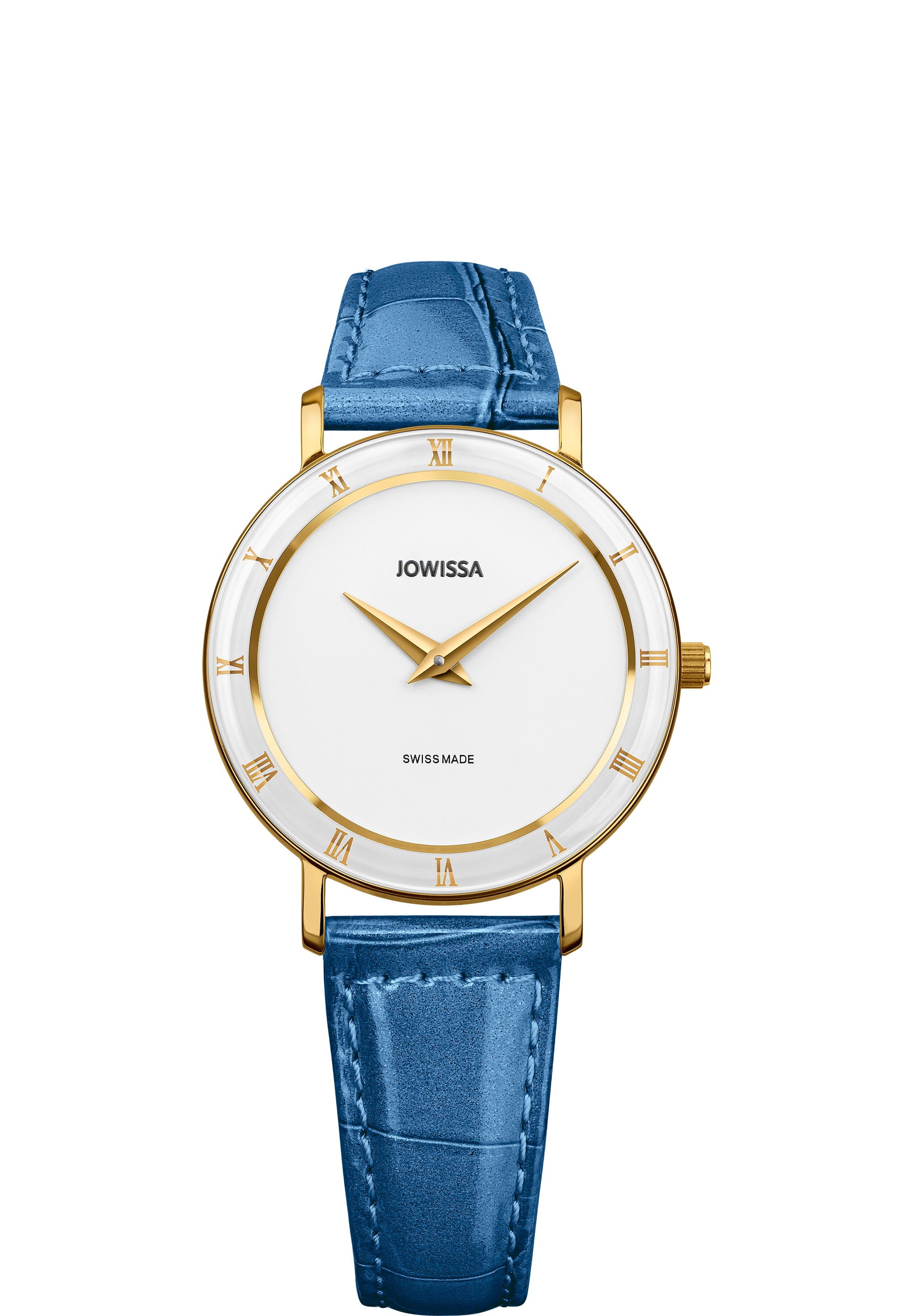 Roma Swiss Ladies Watch J2.281.M featuring a white dial, Roman numerals, and a sky blue genuine leather strap.