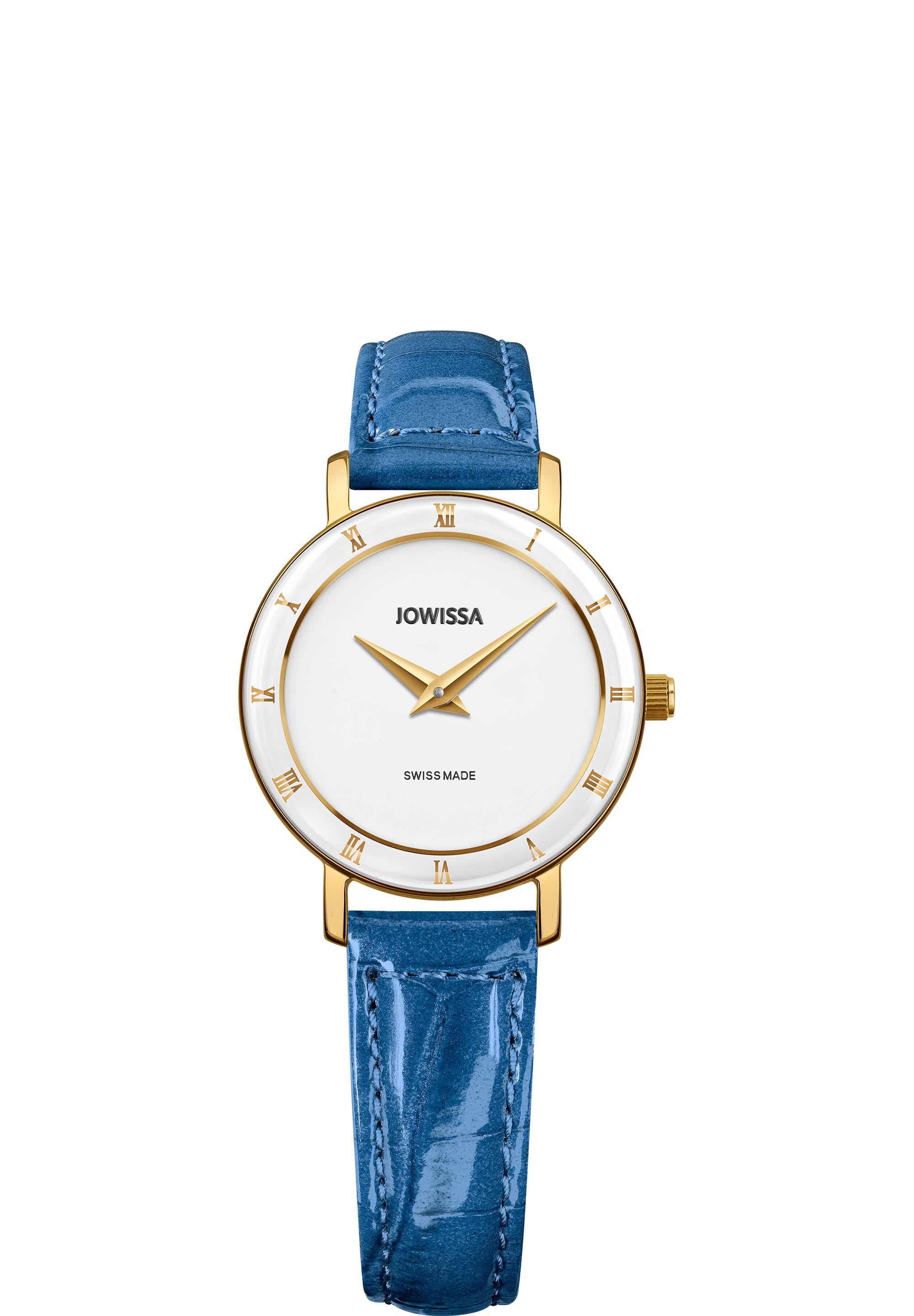 Roma Swiss Ladies Watch J2.281.S featuring a white dial, gold-plated stainless steel case, and sky blue genuine leather strap.