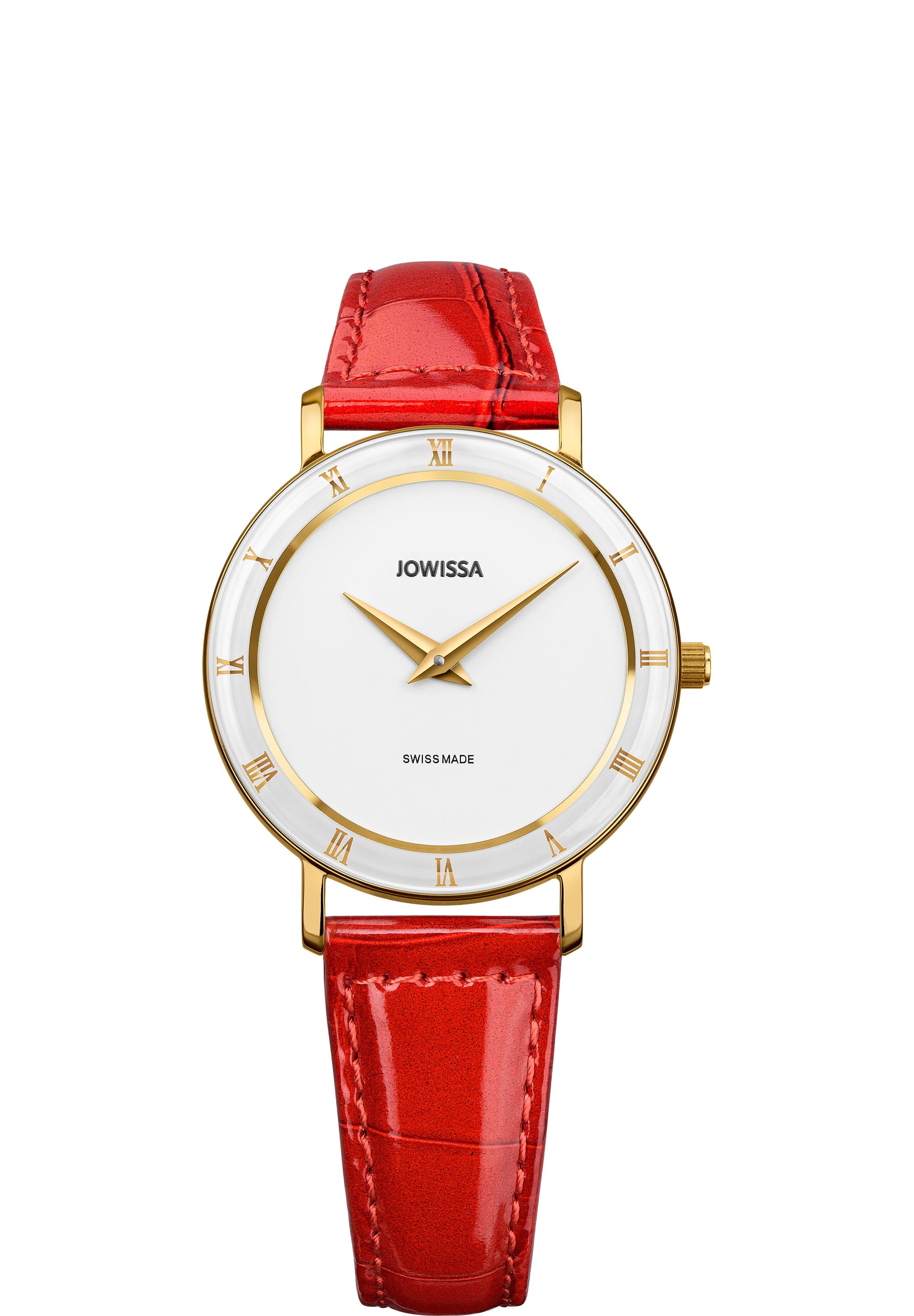 Roma Swiss Ladies Watch J2.282.M featuring a red leather strap, white dial, and Roman numerals, showcasing elegance and modern design.