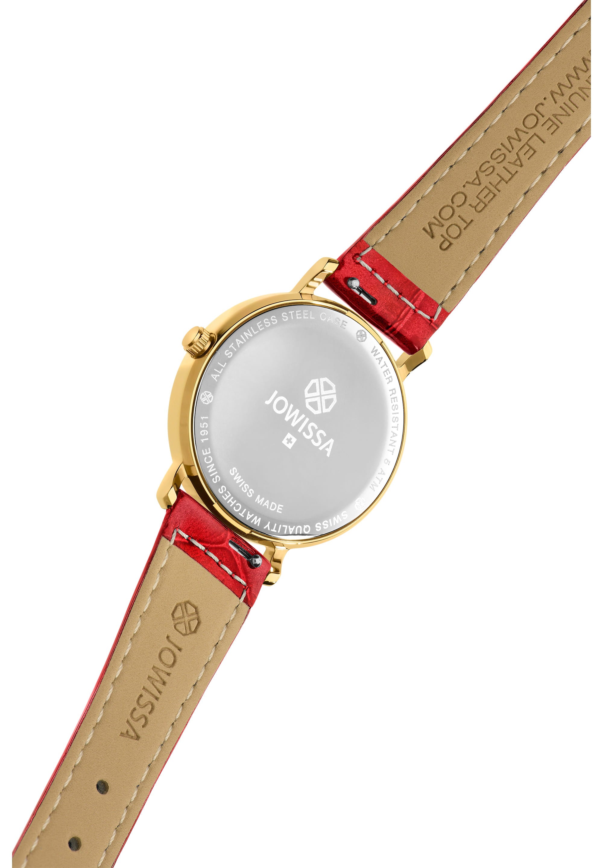 Roma Swiss Ladies Watch J2.282.M featuring a red leather strap, white dial, and Roman numerals, showcasing elegance and modern design.