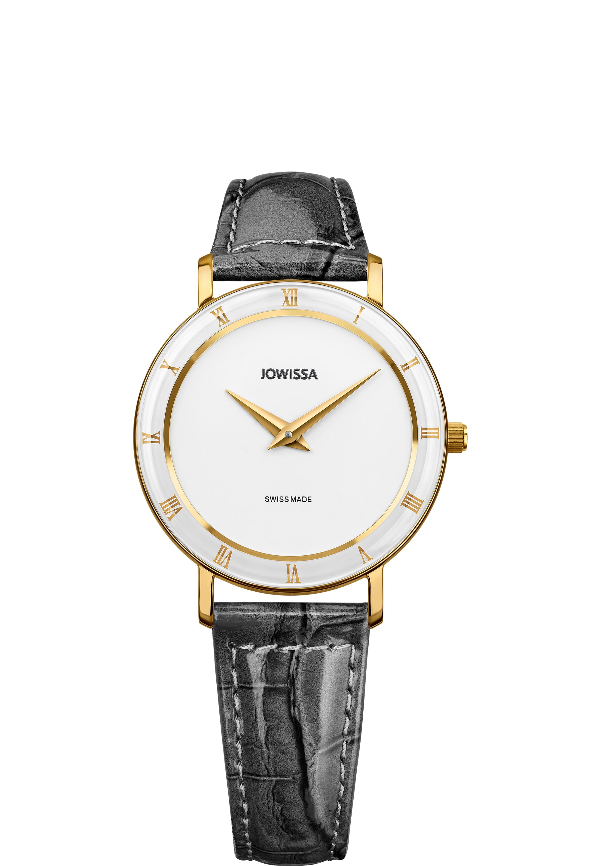 Roma Swiss Ladies Watch J2.283.M featuring a grey-black leather band, white dial with gold-tone Roman numerals, and a stainless steel case.